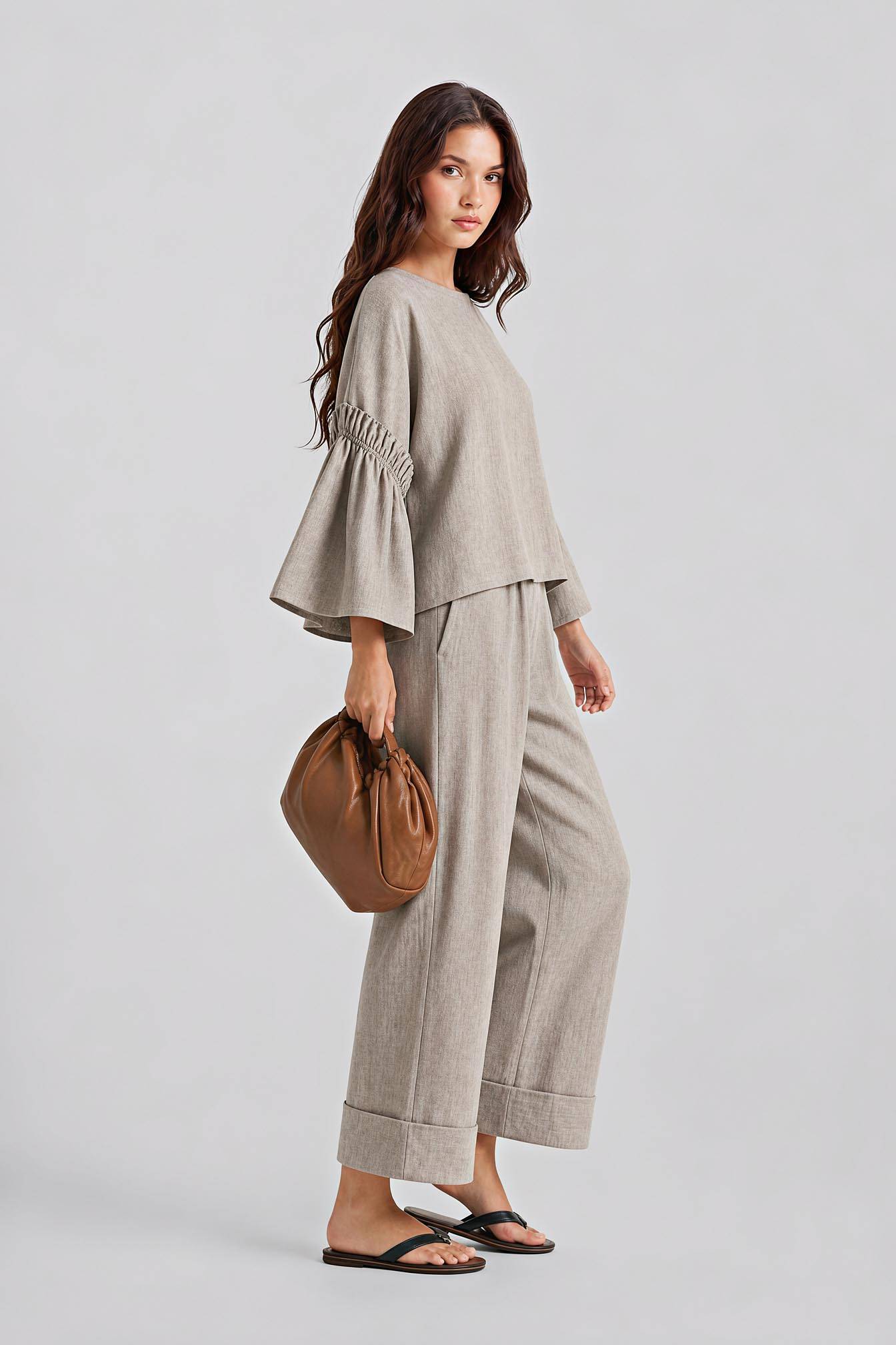 Holiday Casual Loose Bell Sleeve Top With Cropped Pants Set