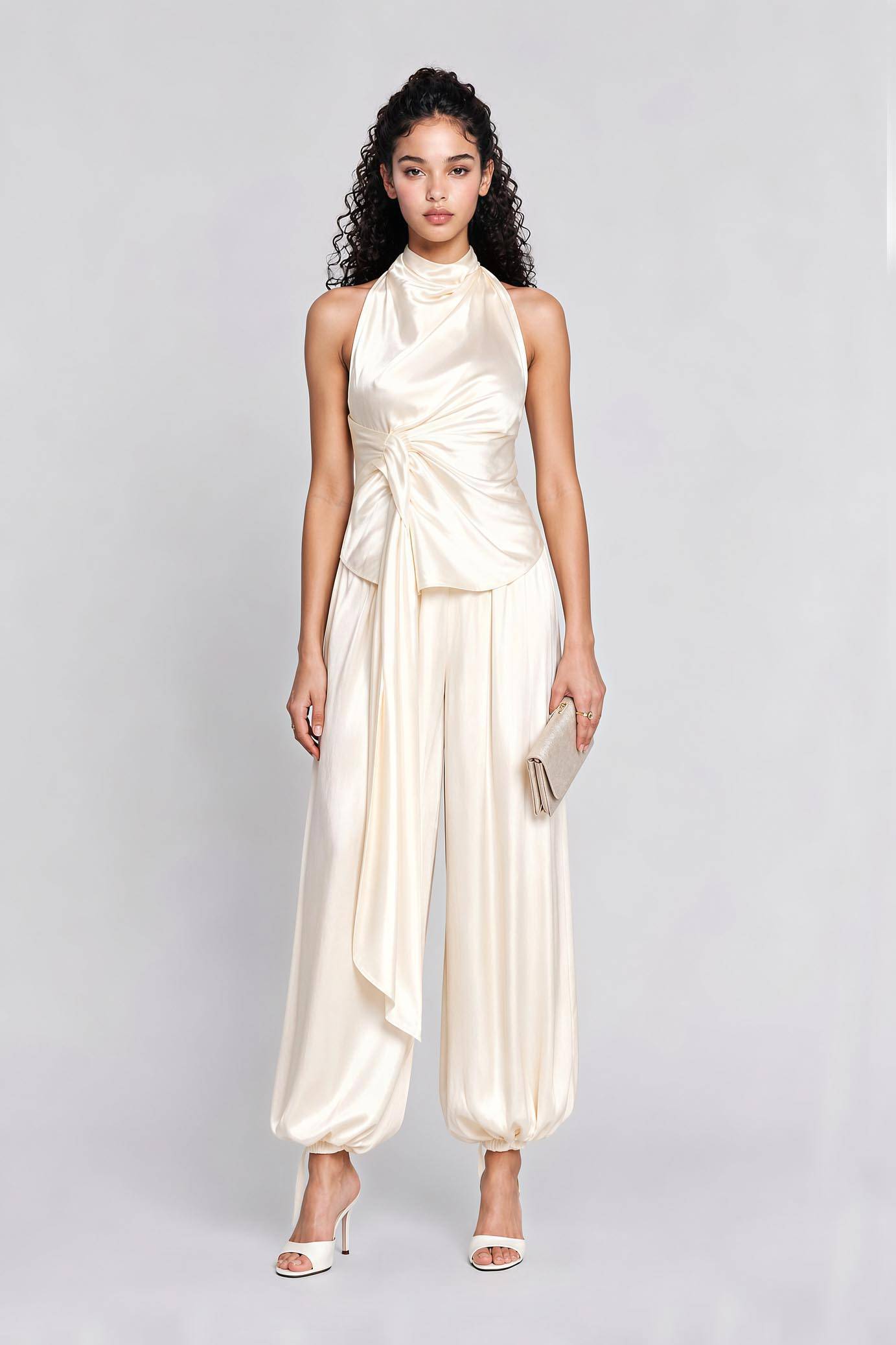 Cream Satin Halter Neck Two-Piece Set - Backless Draped Top & Wide-Leg Pants Elegant Evening Outfit For Wedding, Gala & Party