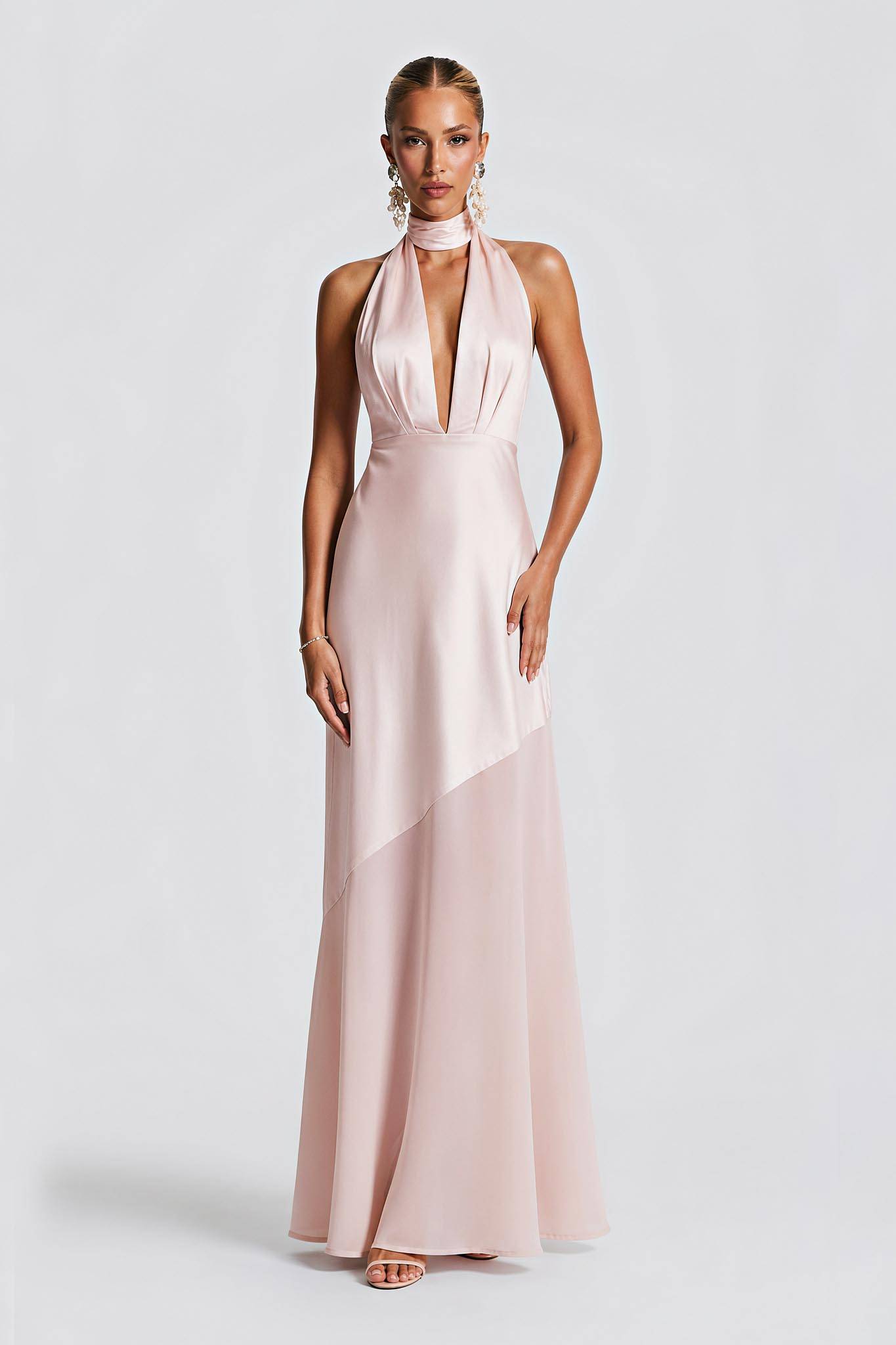 Olive Satin Halter Neck Deep V-Neck Mermaid Evening Gown - Sexy Backless Formal Dress For Party, Wedding & Gala