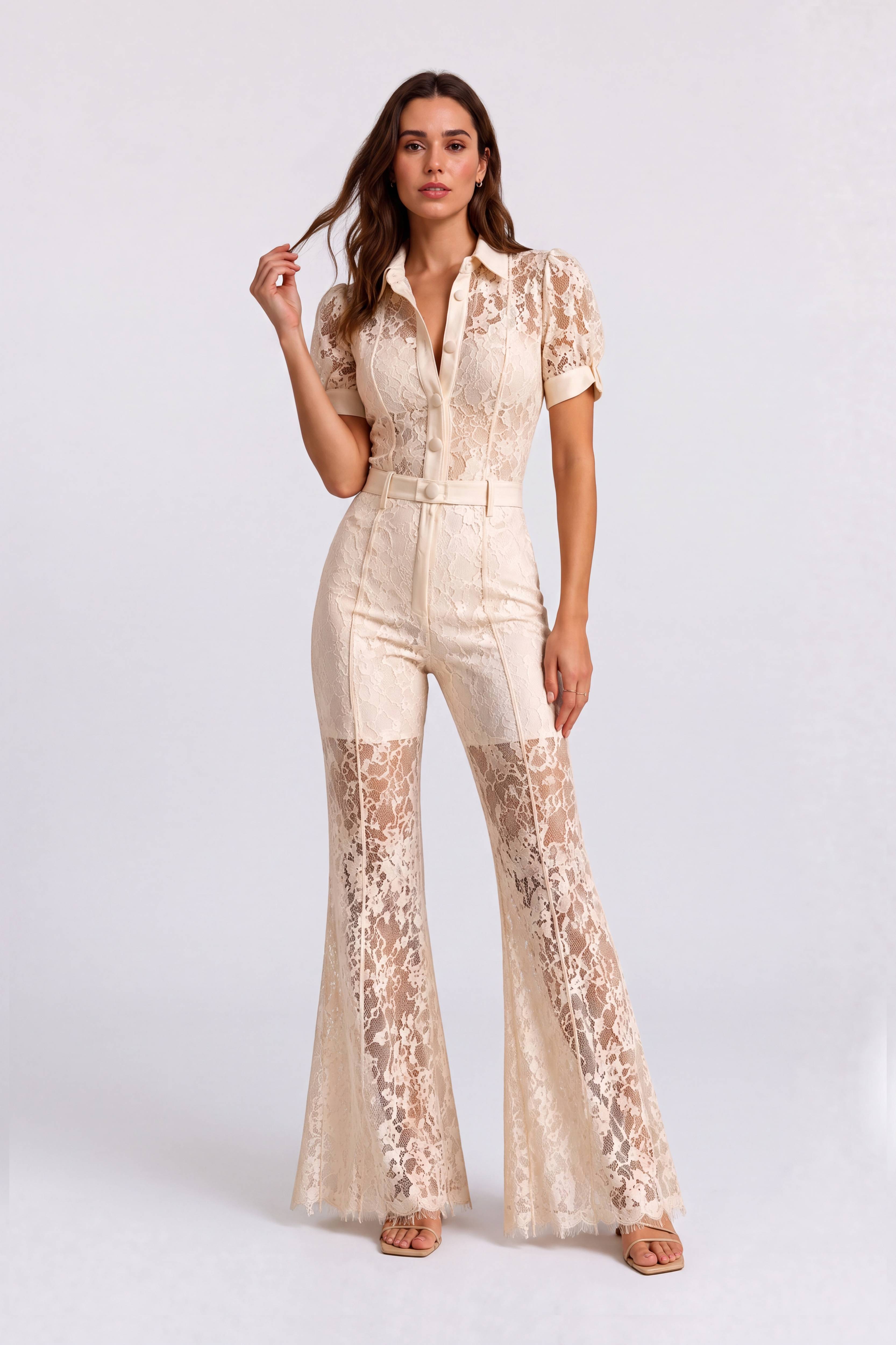 Vintage Lace Bubble Sleeve Slim-fit Jumpsuit