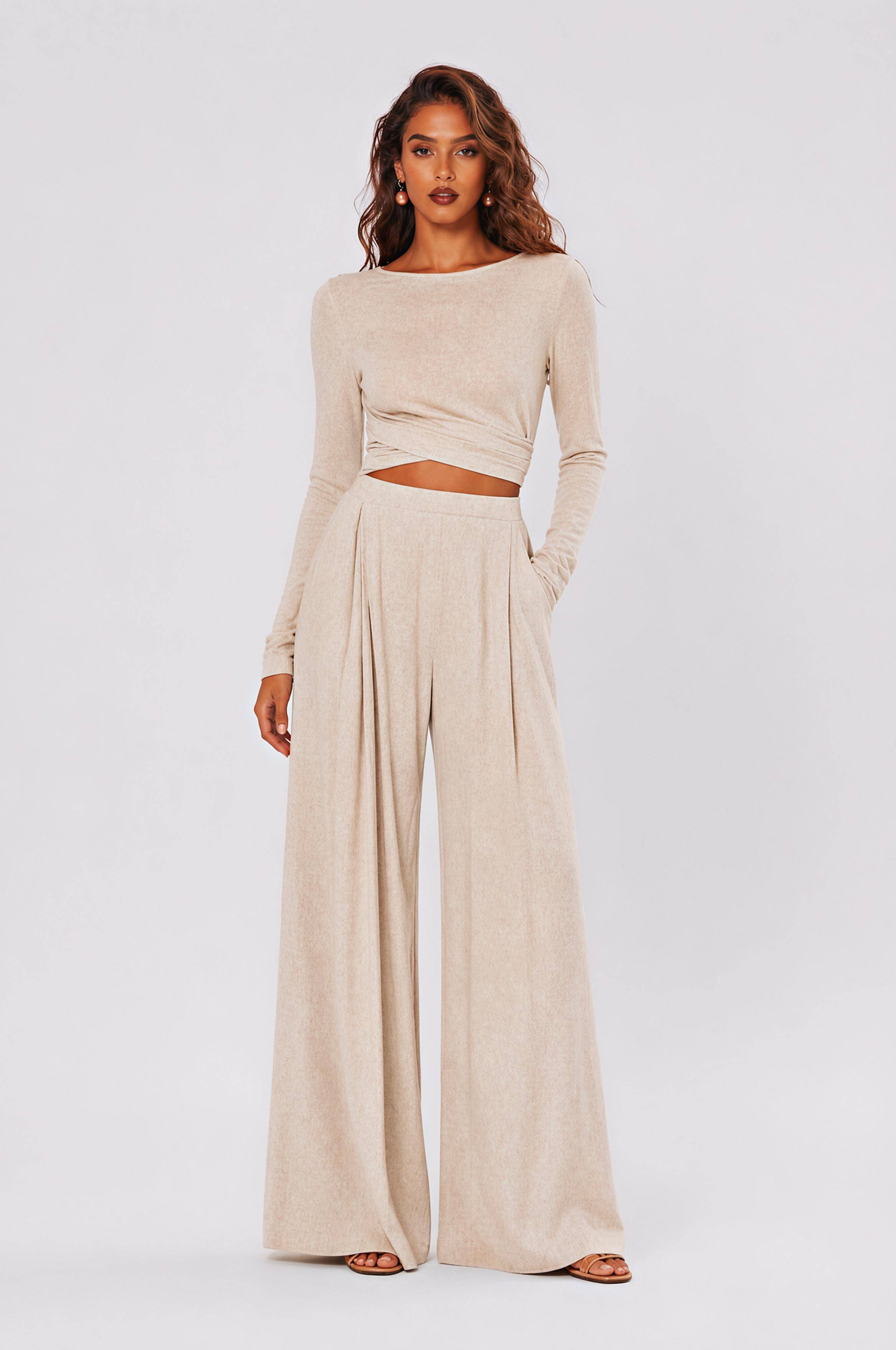 Tight-Waisted Short Long-Sleeved Top Pleated Linen Wide-Leg Pants Two-Piece Set