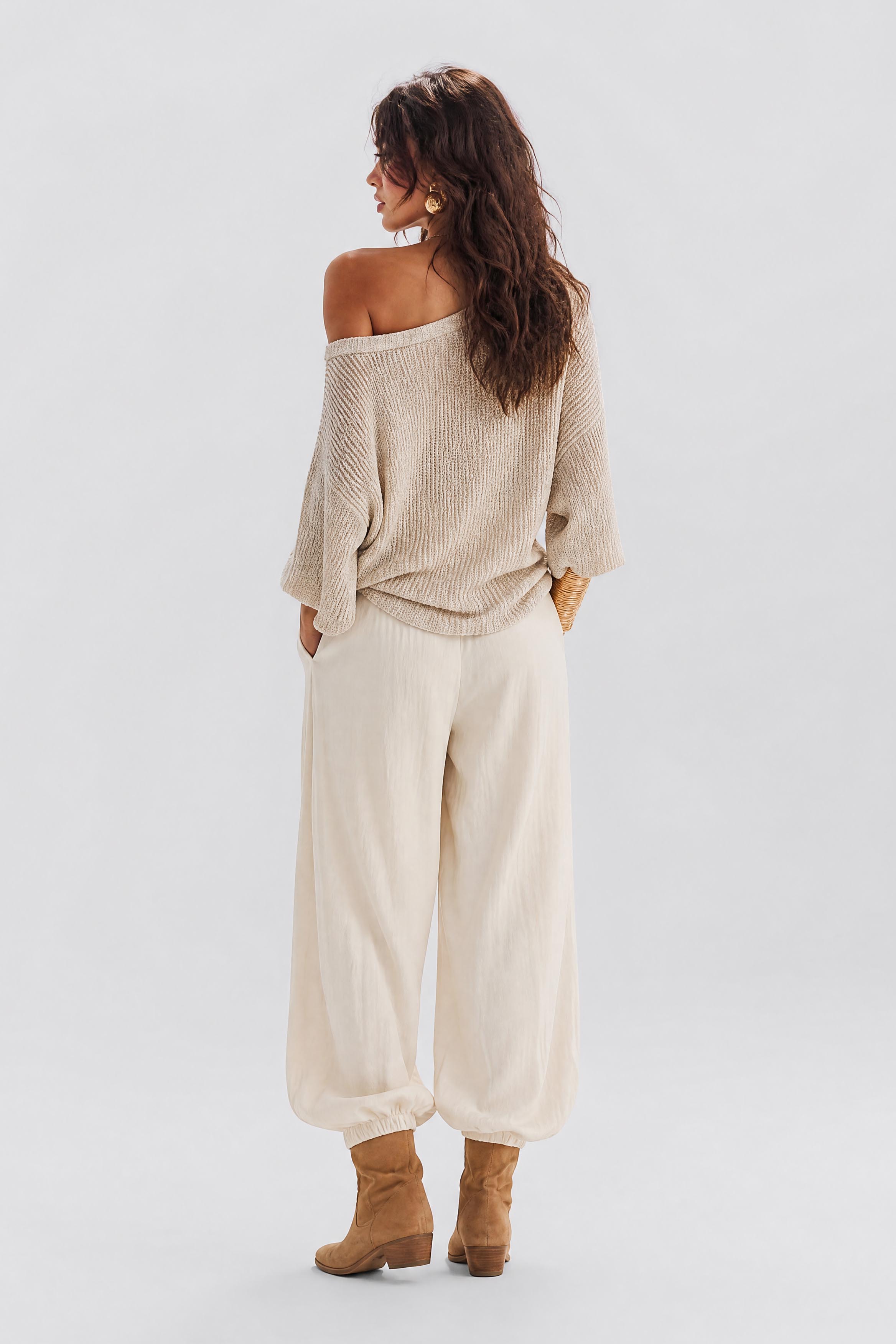 Knitted Shoulder Top High Waist Tunic Pants Holiday Daily Casual Suit