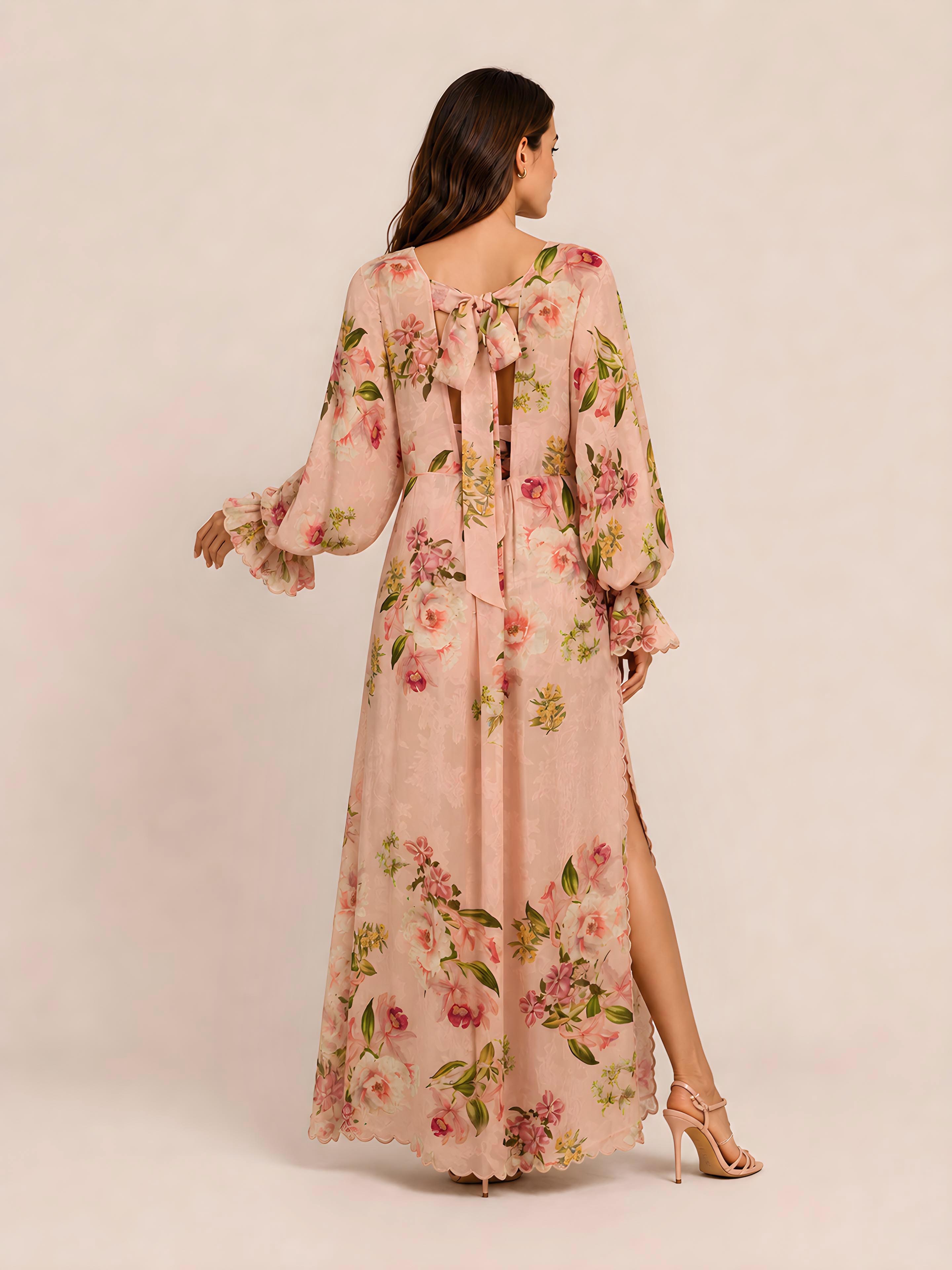 Floral Print Deep V Long Dress