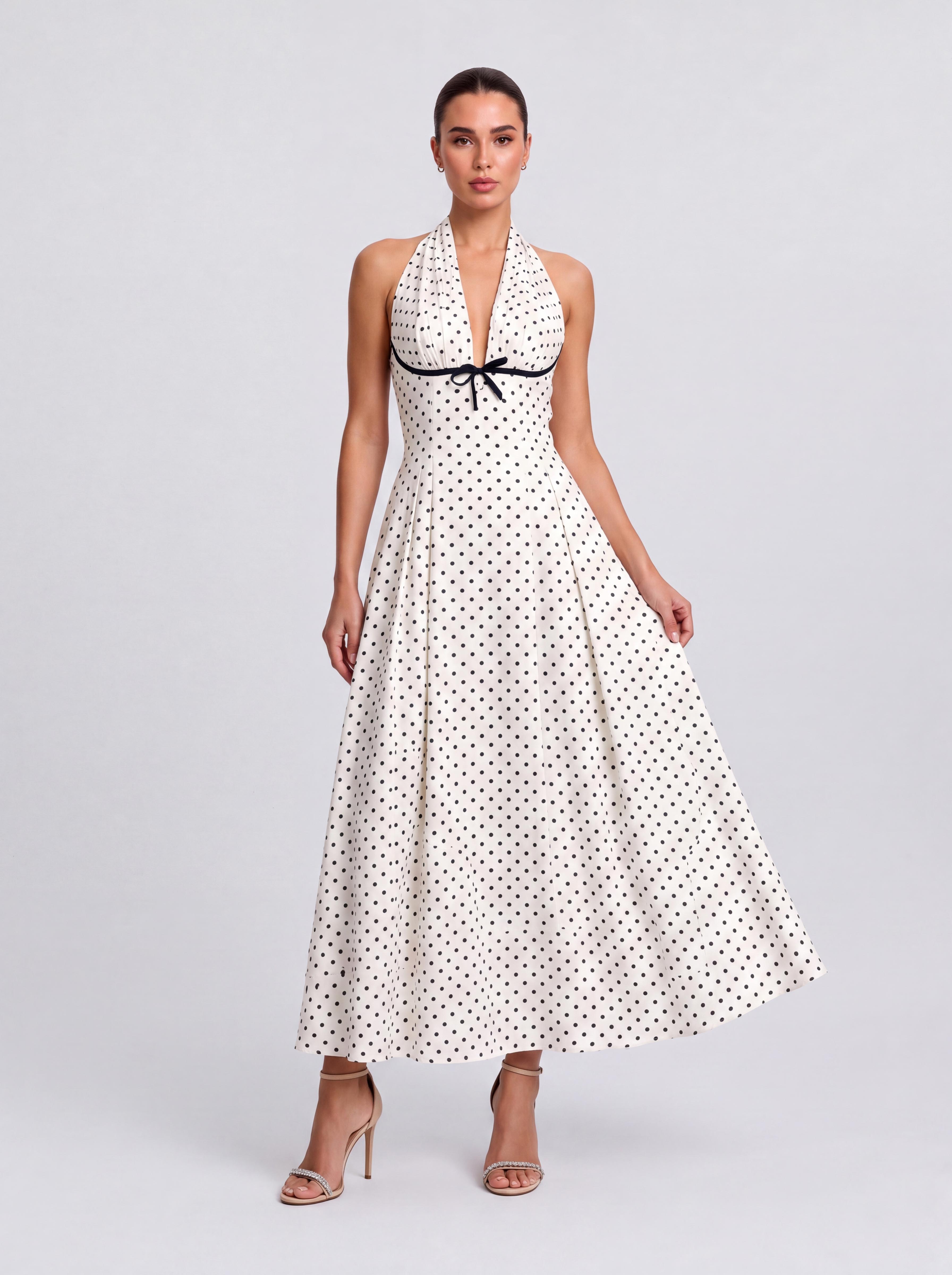 Retro Wave Point Neck Deep V Holiday Midi Dress