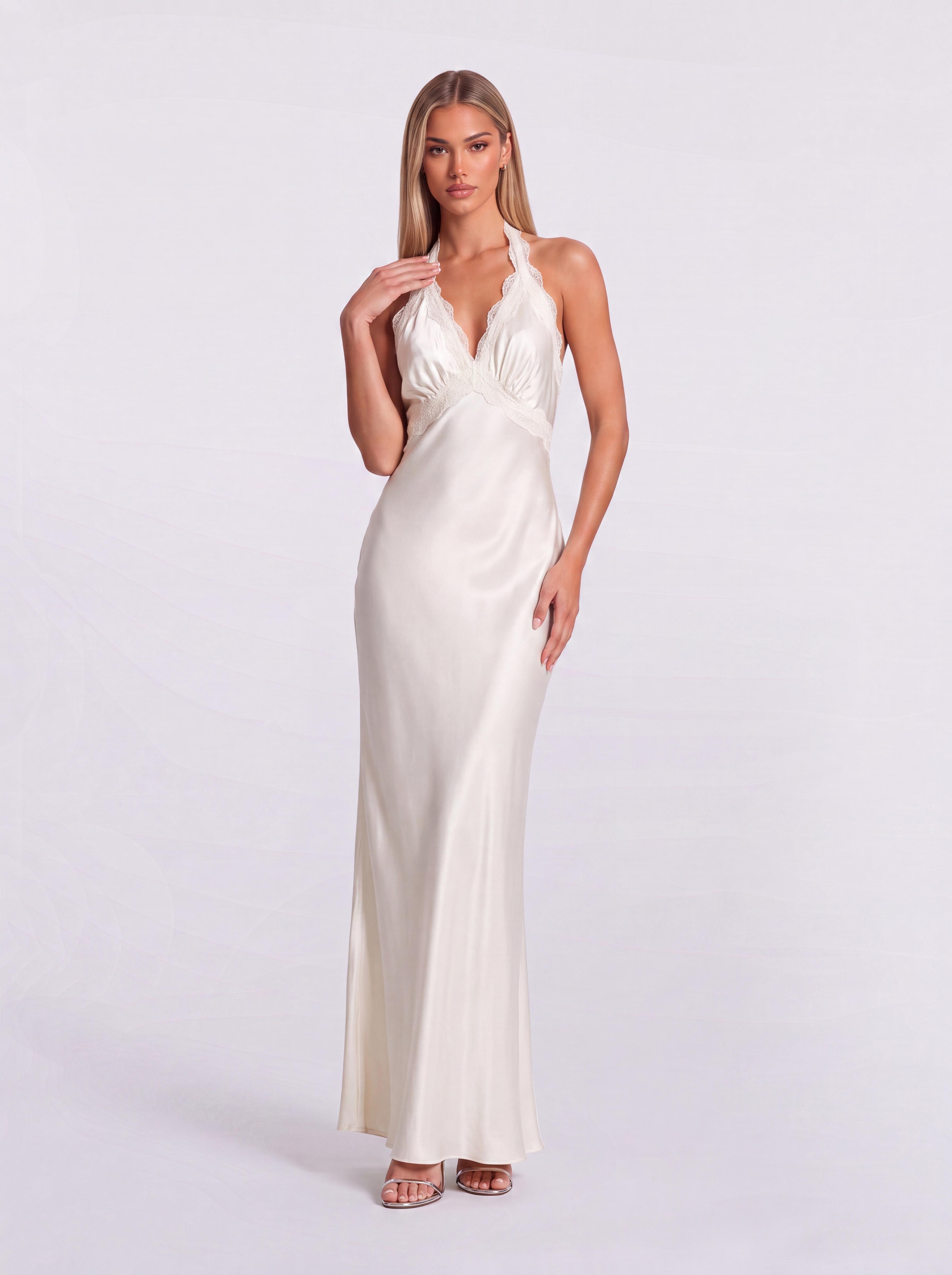 Lace-Trim V-Neck Satin High Split Halter Dress