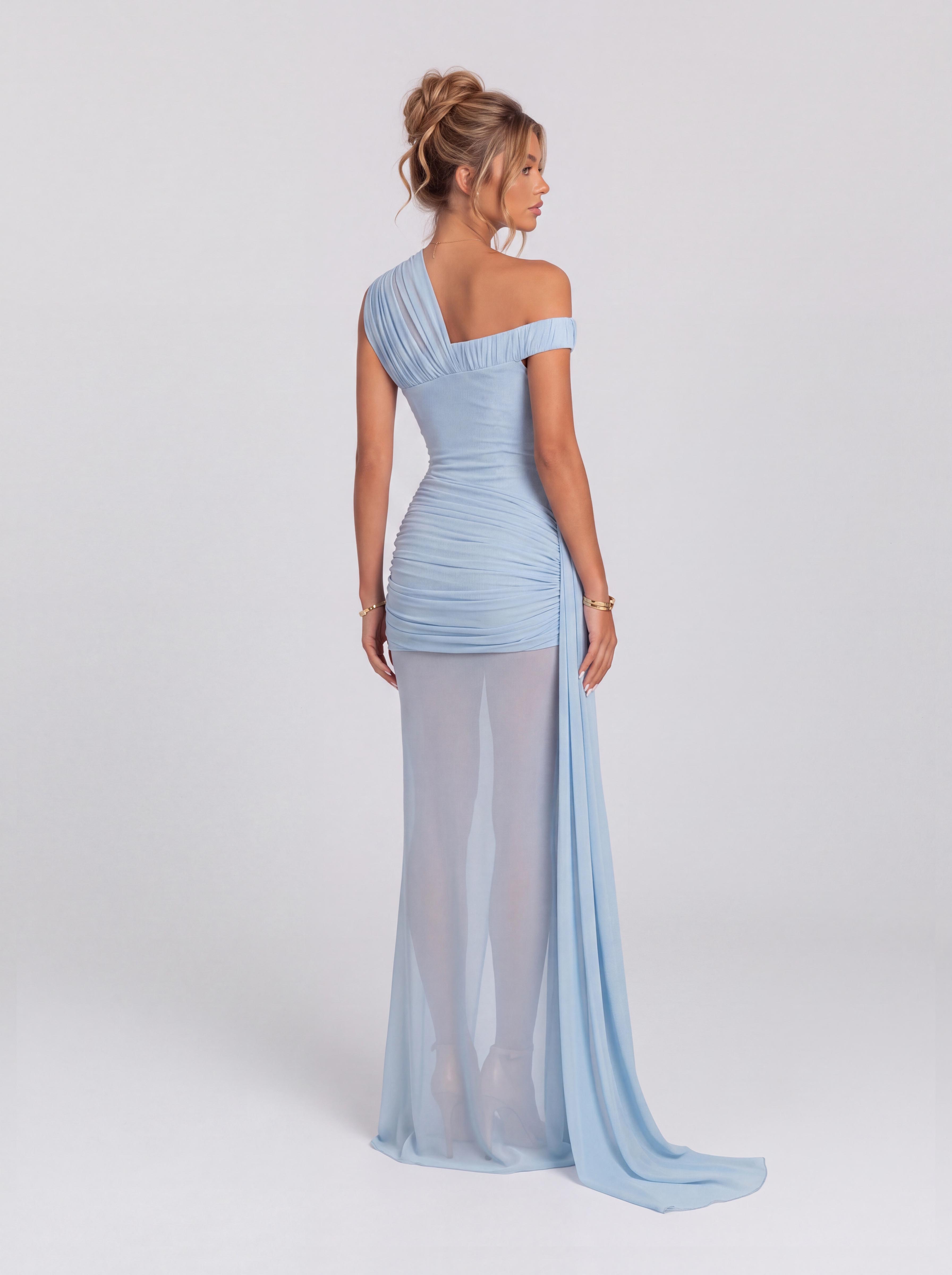 Draping Inclined Shoulder See-Through Gauze Long Dress