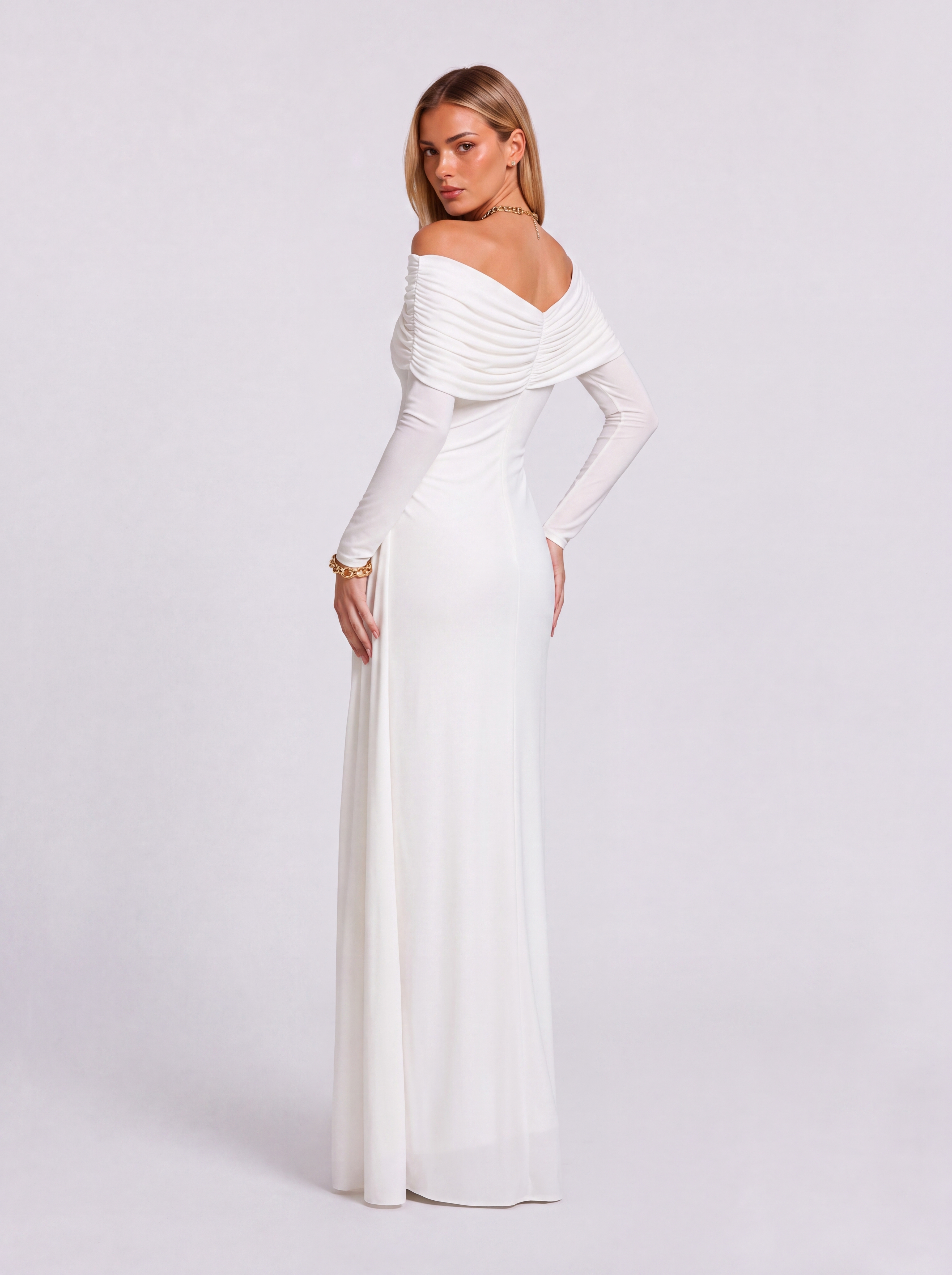Cross Draped Shawl Side Trim V-Neck Long Sleeve Dress