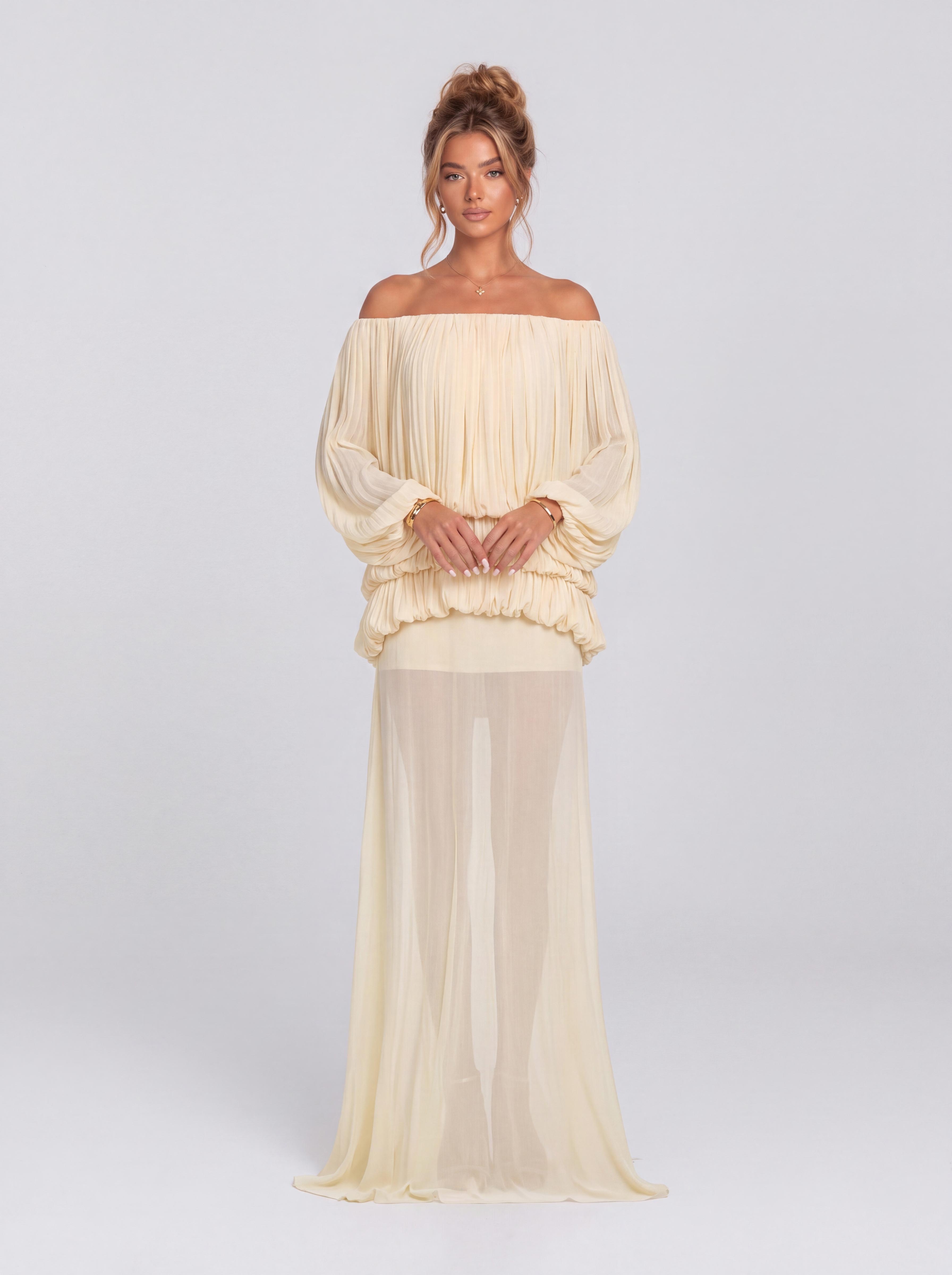 Pleated Off-shoulder Bubble Long Sleeve Perspective Long Party Dress
