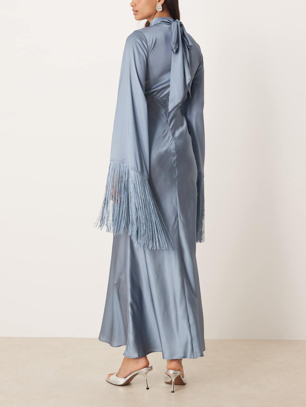 Elegant Satin Printed Tassel Maxi Dress