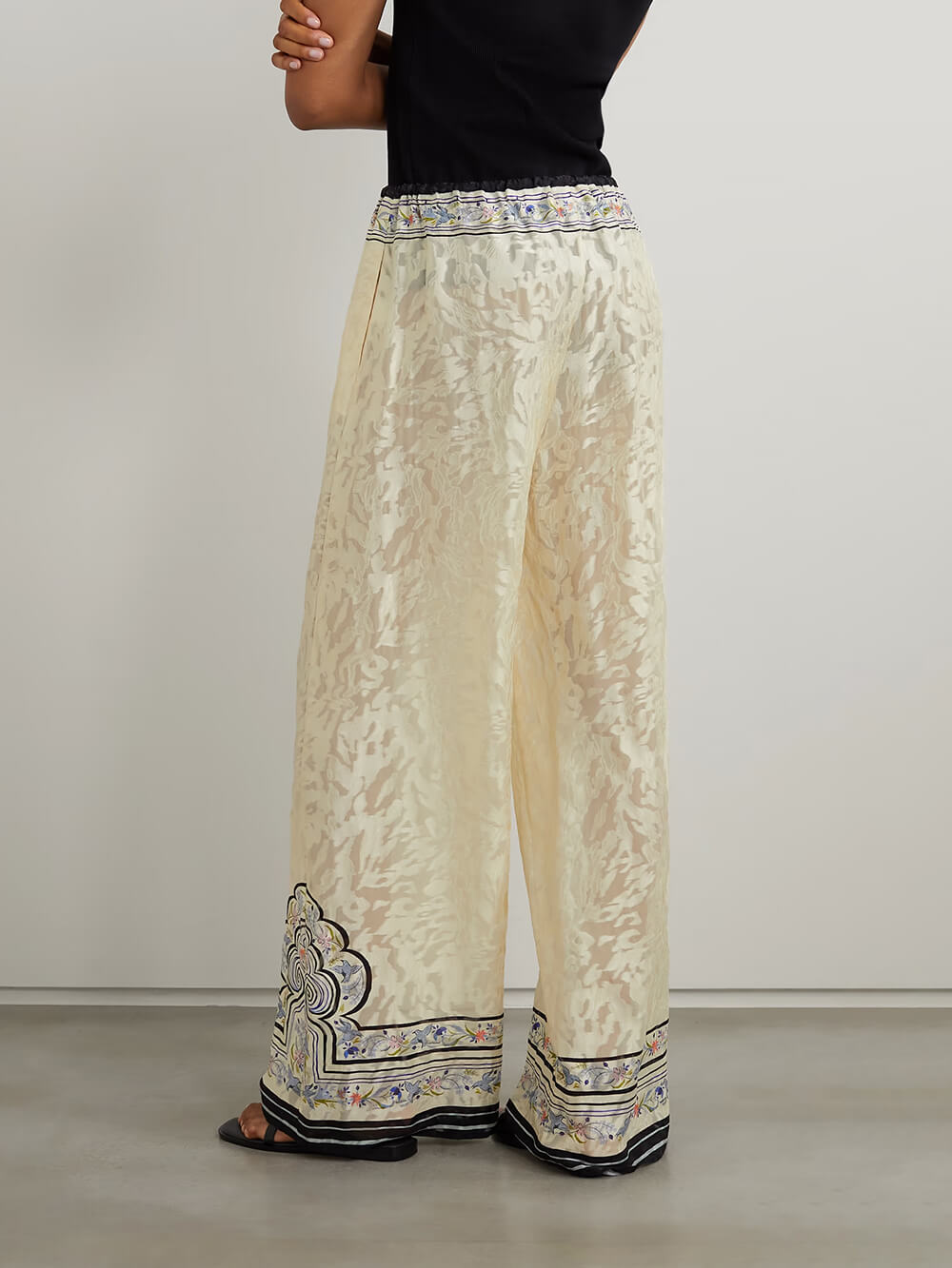 Unique Print Satin Lace-Up Ealastic Waist Wide-Leg Pants