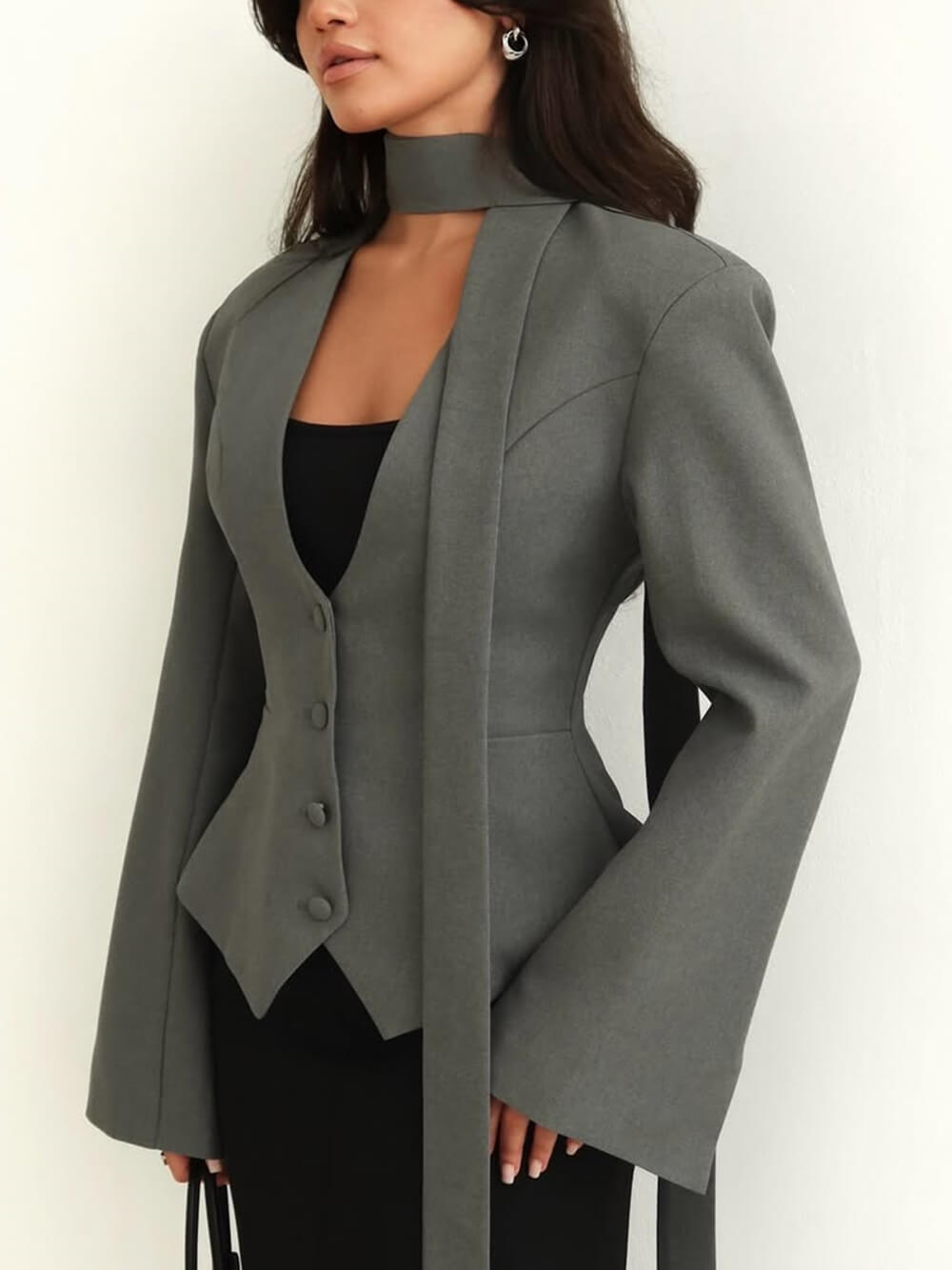 Fashion Solid Color V-Neck Scarf-Trimmed Long Sleeve Blazer