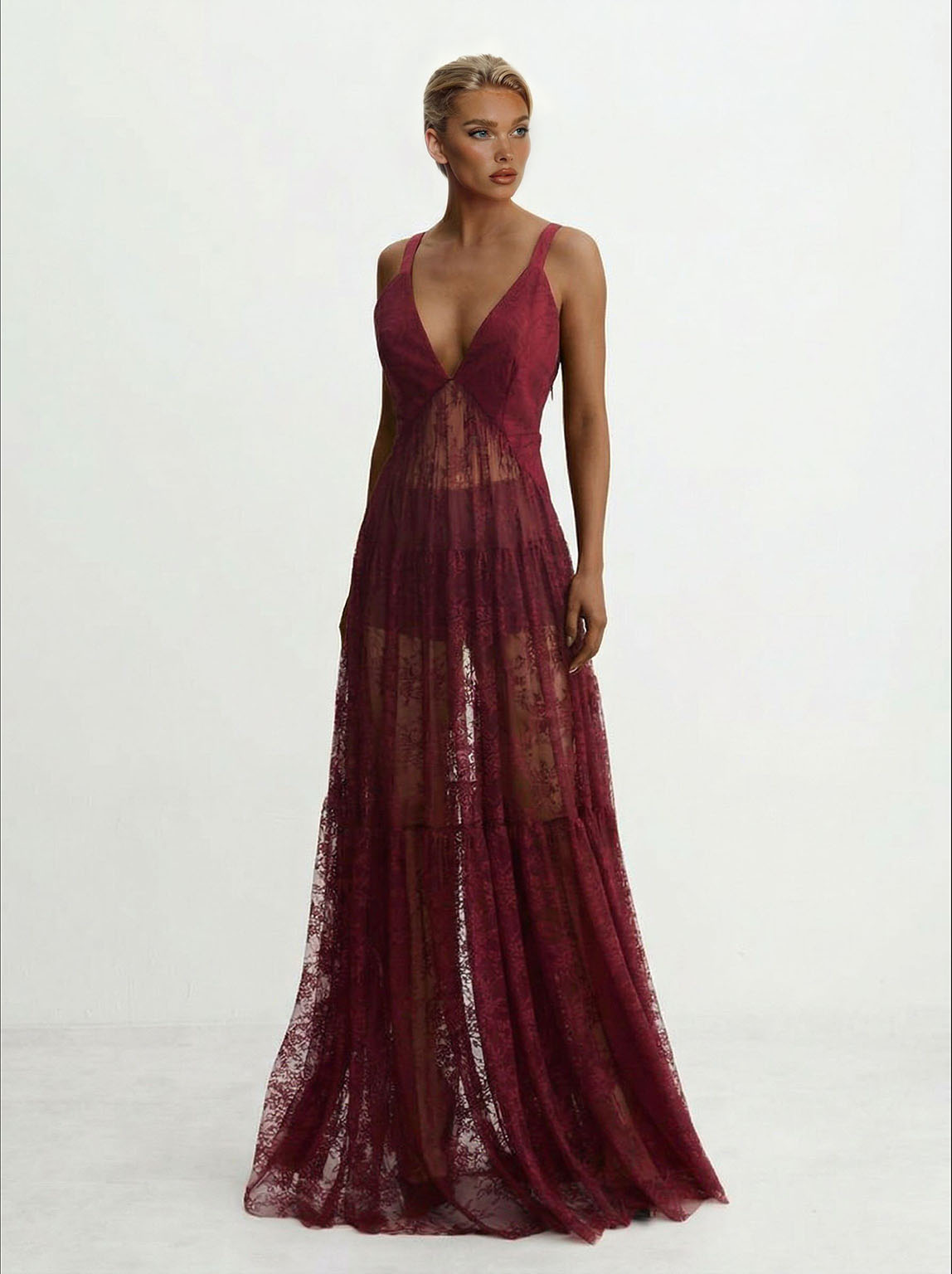 Elegant Lace Deep V-neck Tulle Maxi Dress
