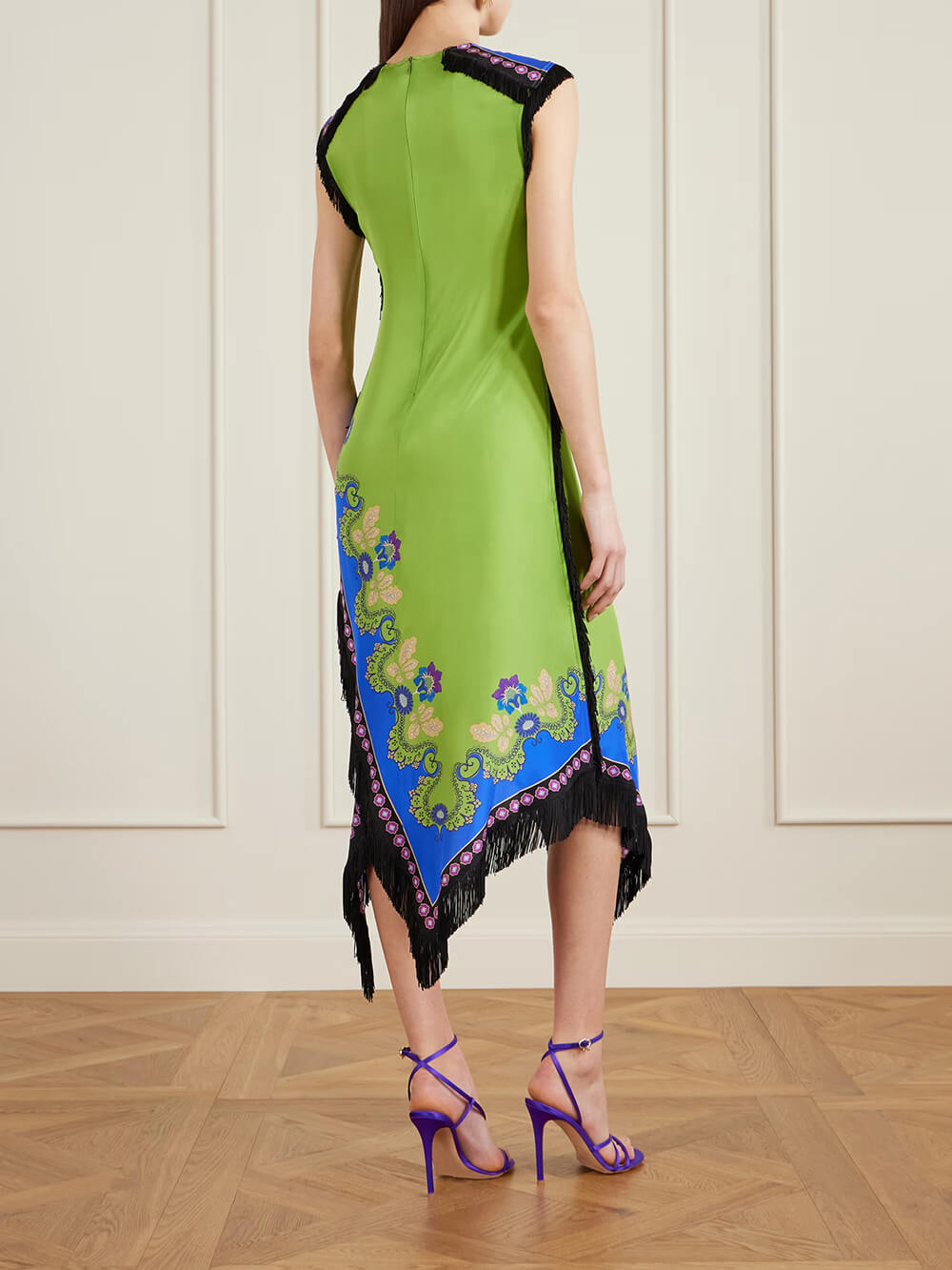Exquisite Tassel Asymmetrical Print Satin Midi Dress