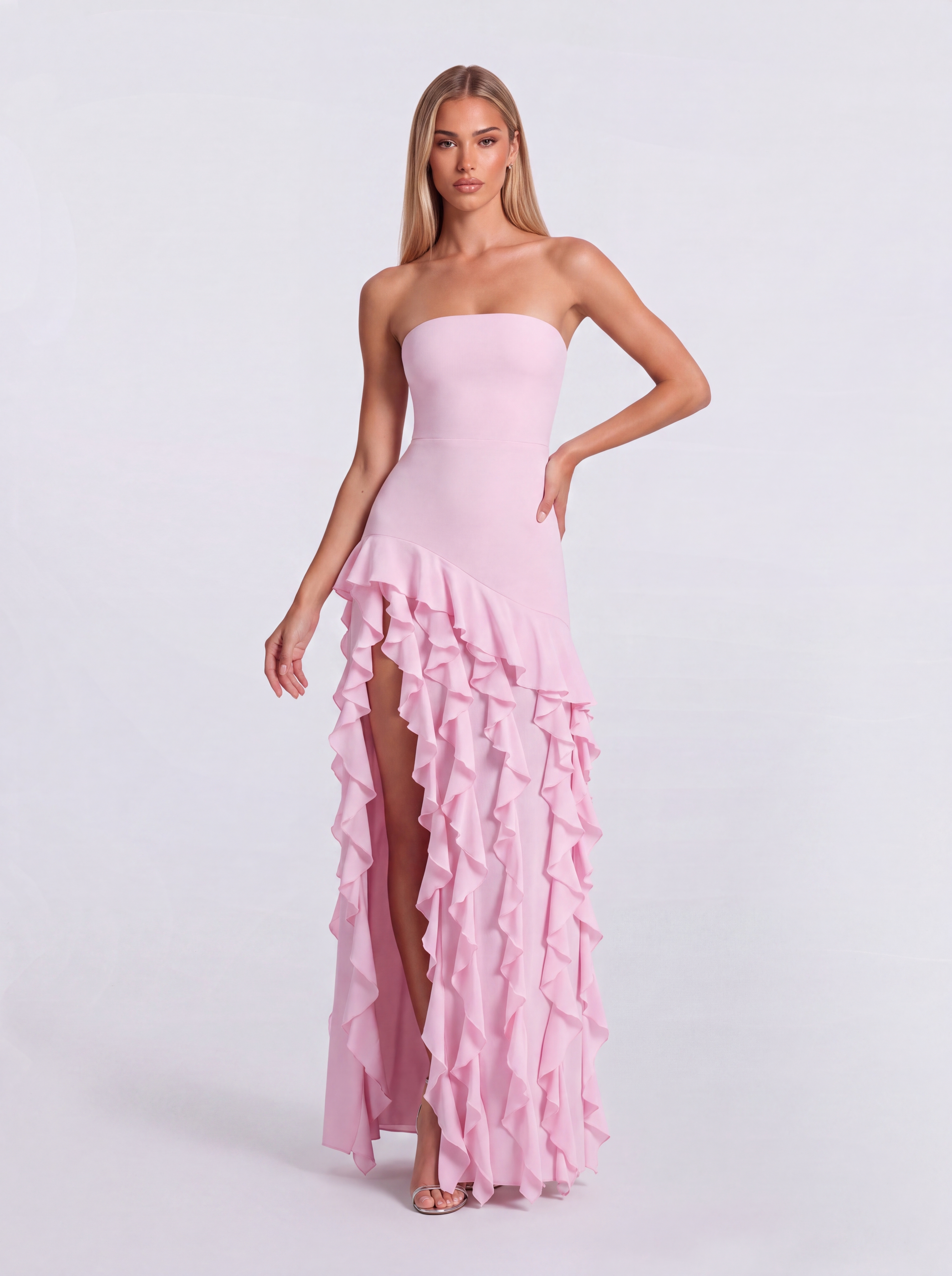 Strapless Ruffled High Split Slim-Fit Long Dress