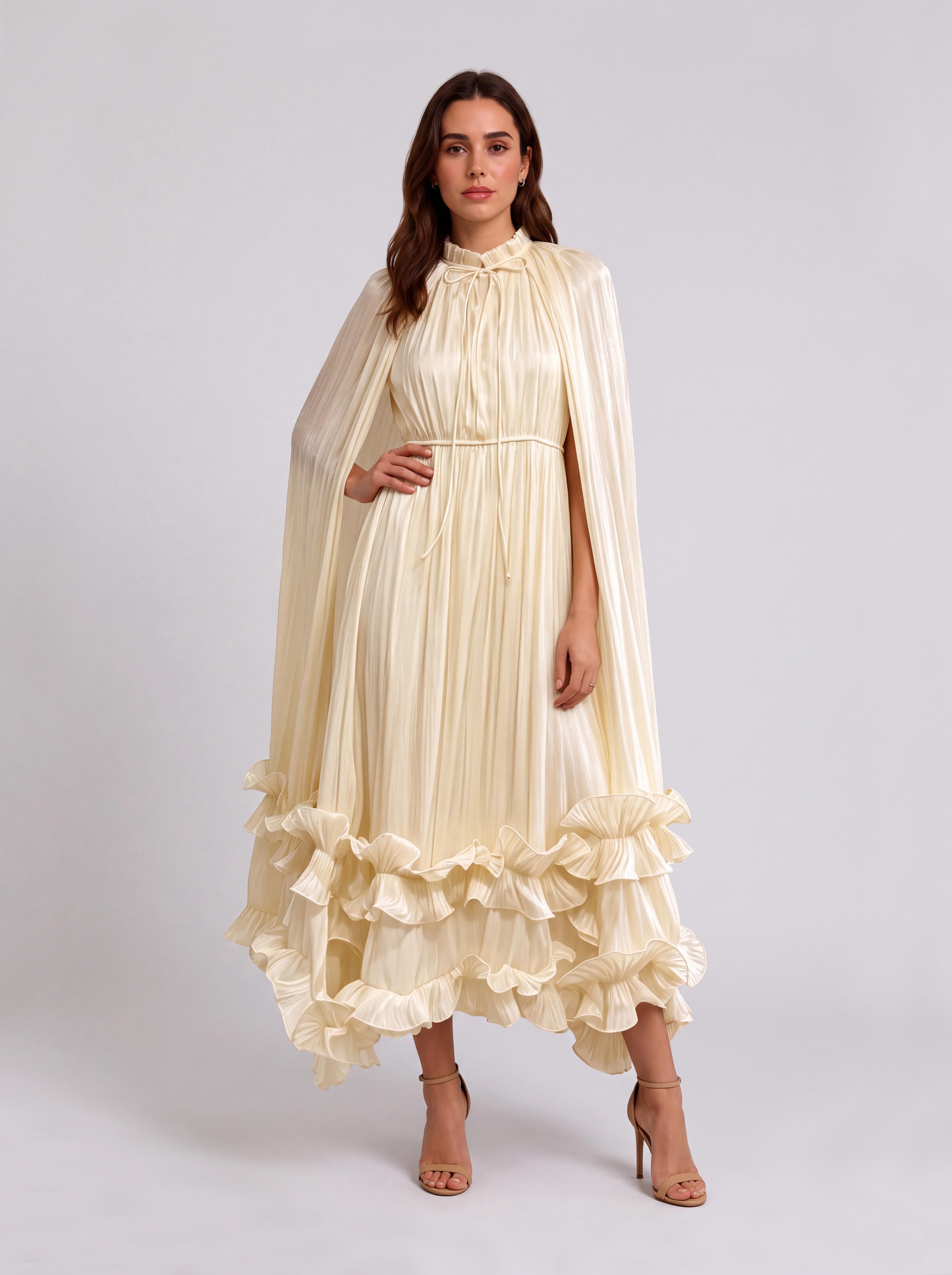 Cloak-sleeved, Stand-collar Midi Dress With Layered Ruffled Frills And A Tie-cinched Waist