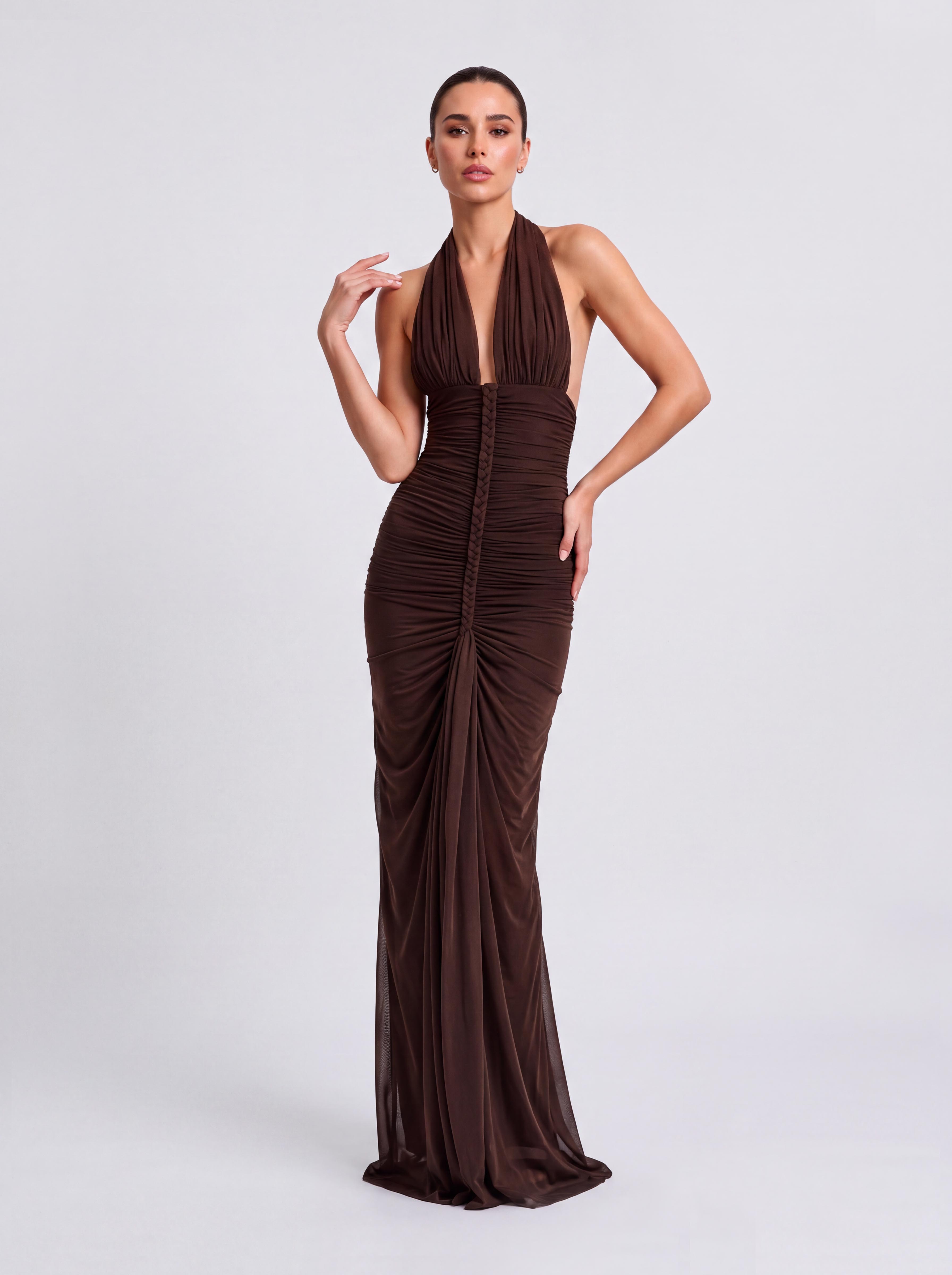 Woven Pleated Front Neck Deep V-Drop Slim Dress