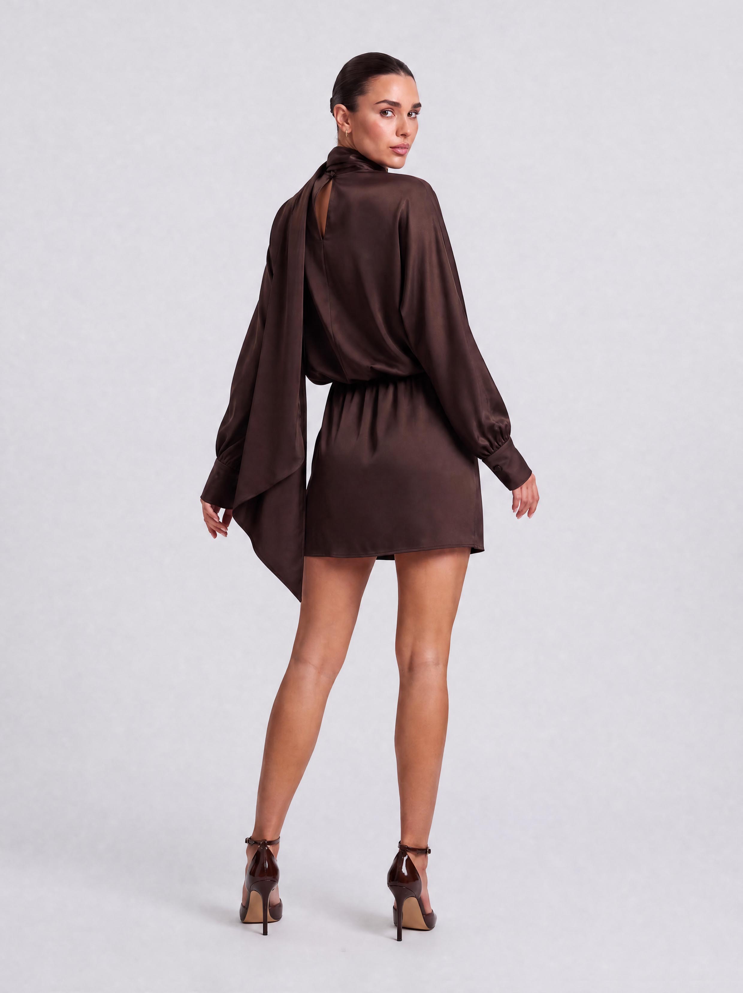 Vintage Brown Satin Turtleneck Long Sleeve Slim Fit Short Hip Dress