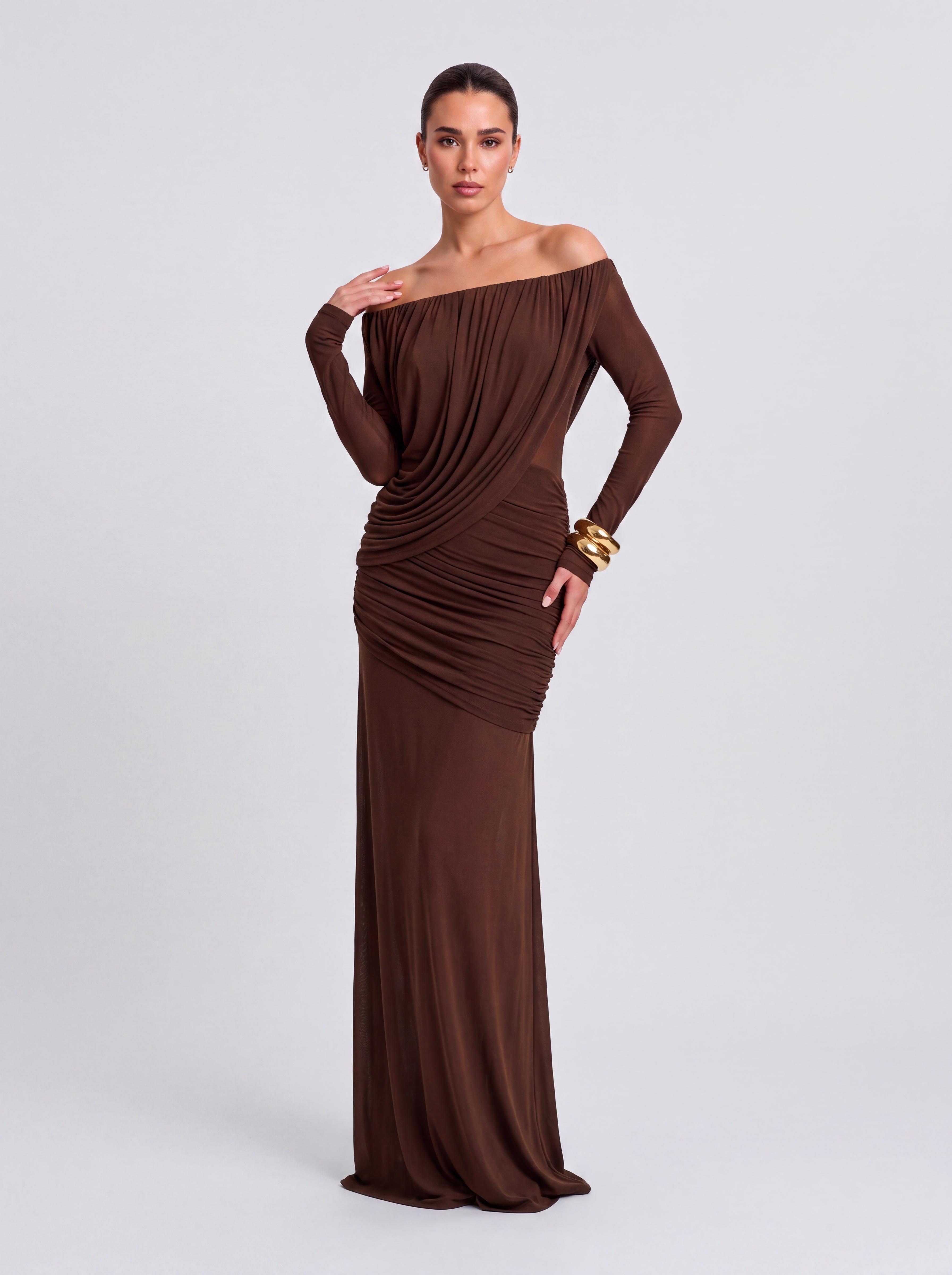 Off-shoulder Long-sleeve Draped Fishtail Long Dress