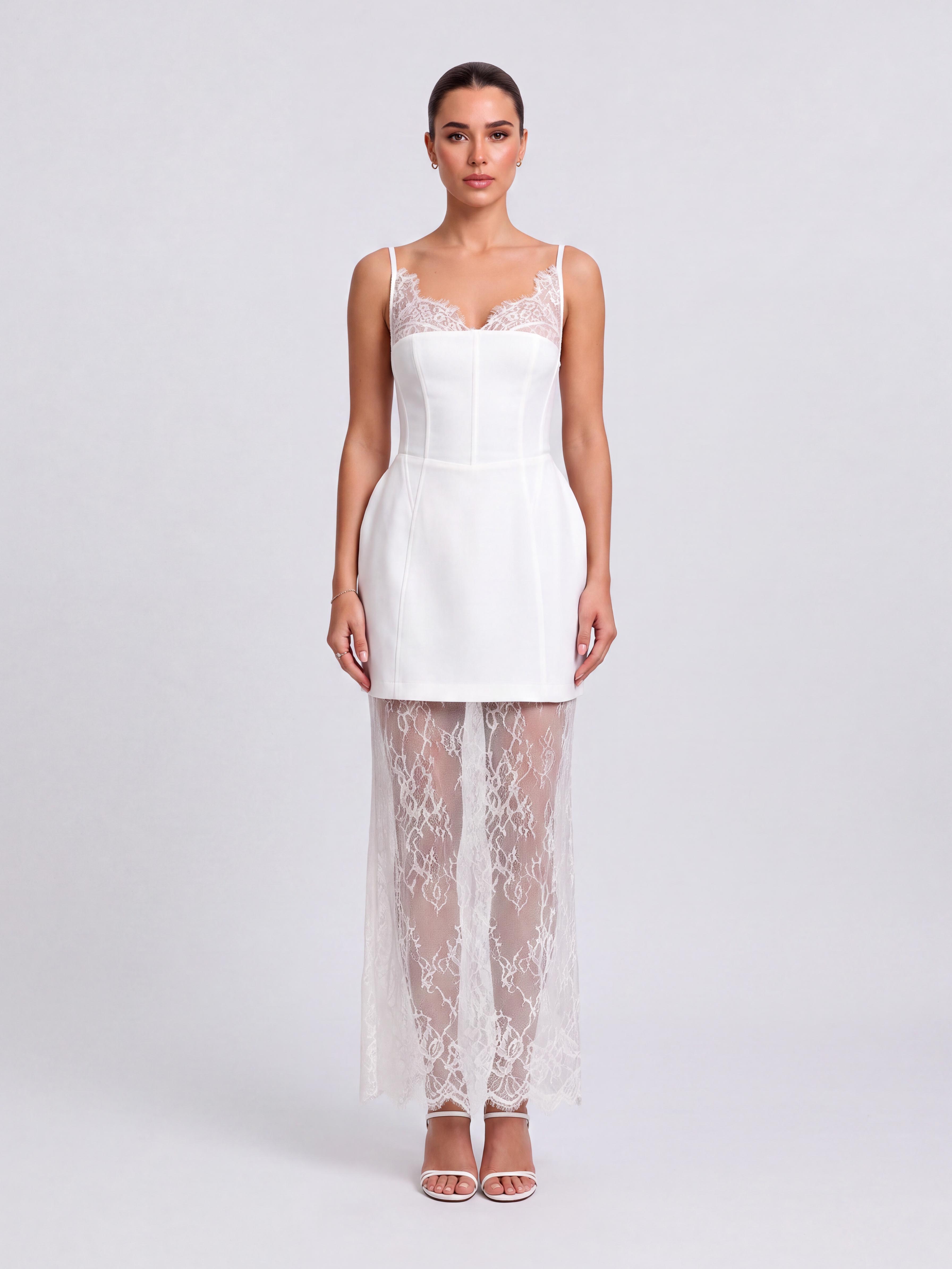 Belted Lace Sling Long And Short Perspective Layered Dress Two-Piece Set
