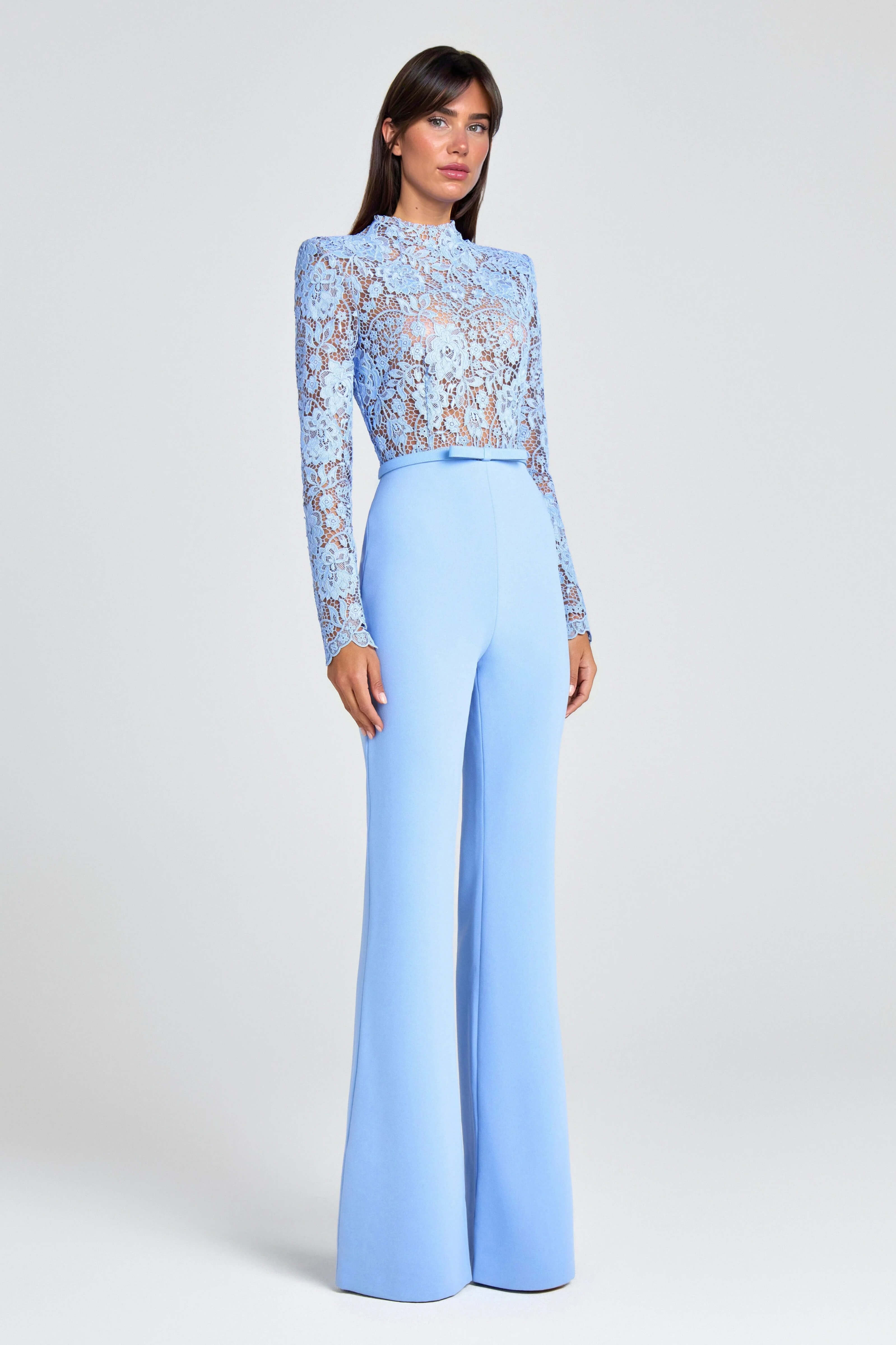 Elegant Party Charmer Flower Lace Patchwork Long Sleeve Bow Belted Flare Jumpsuit