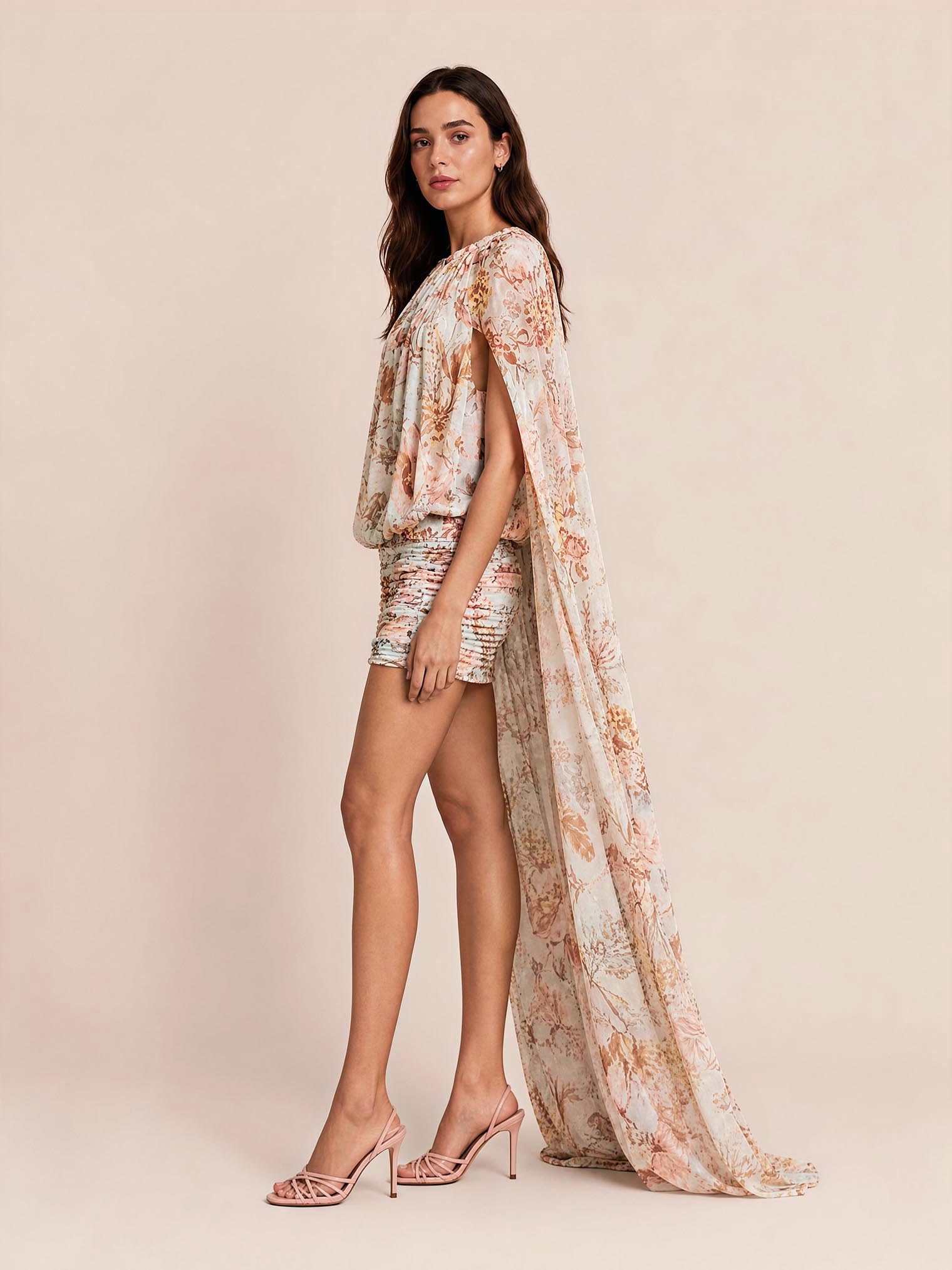 Vintage Chiffon Floral Cape Sleeve Dress