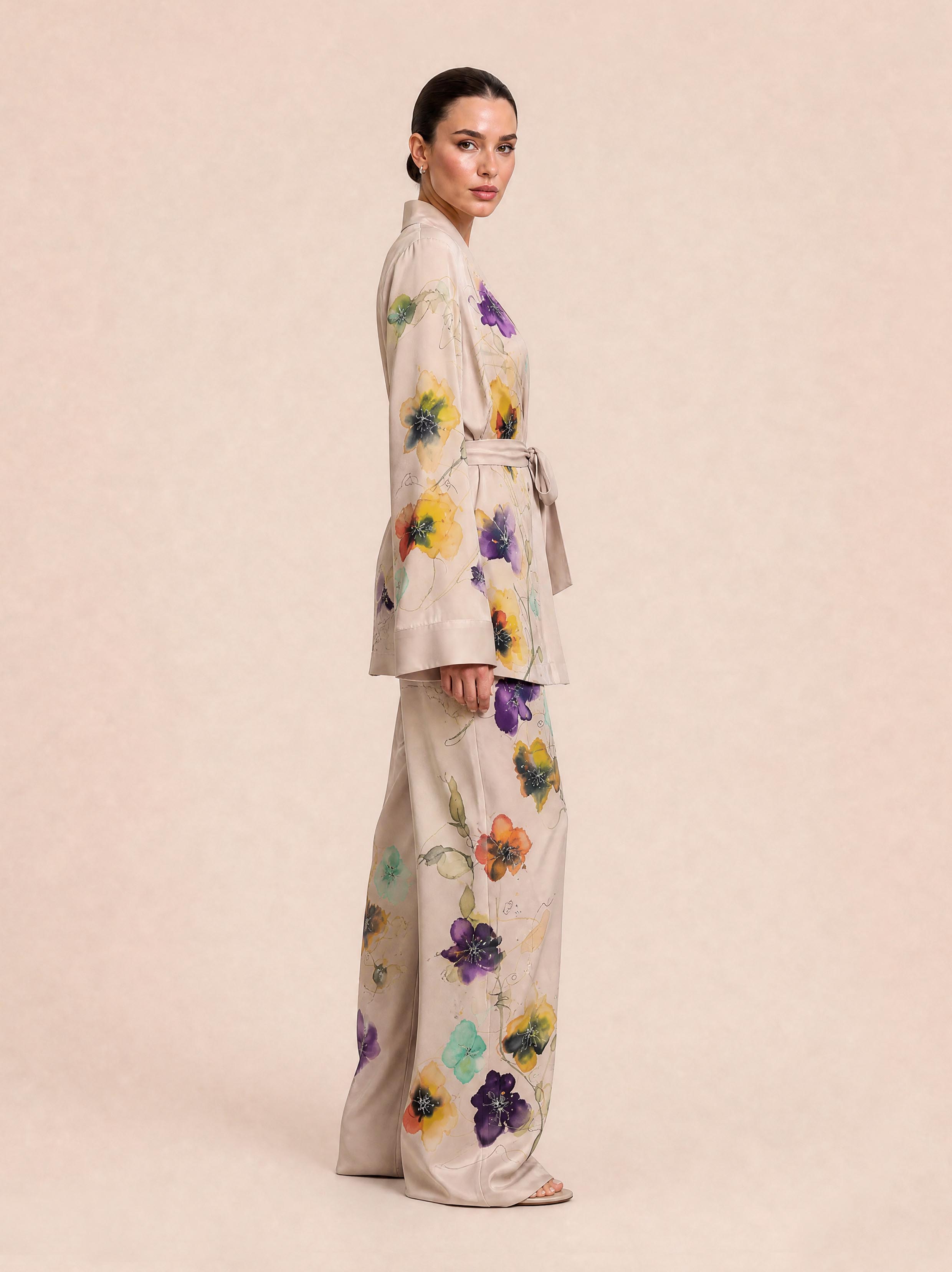 Watercolor Floral Print Satin Two-piece Set