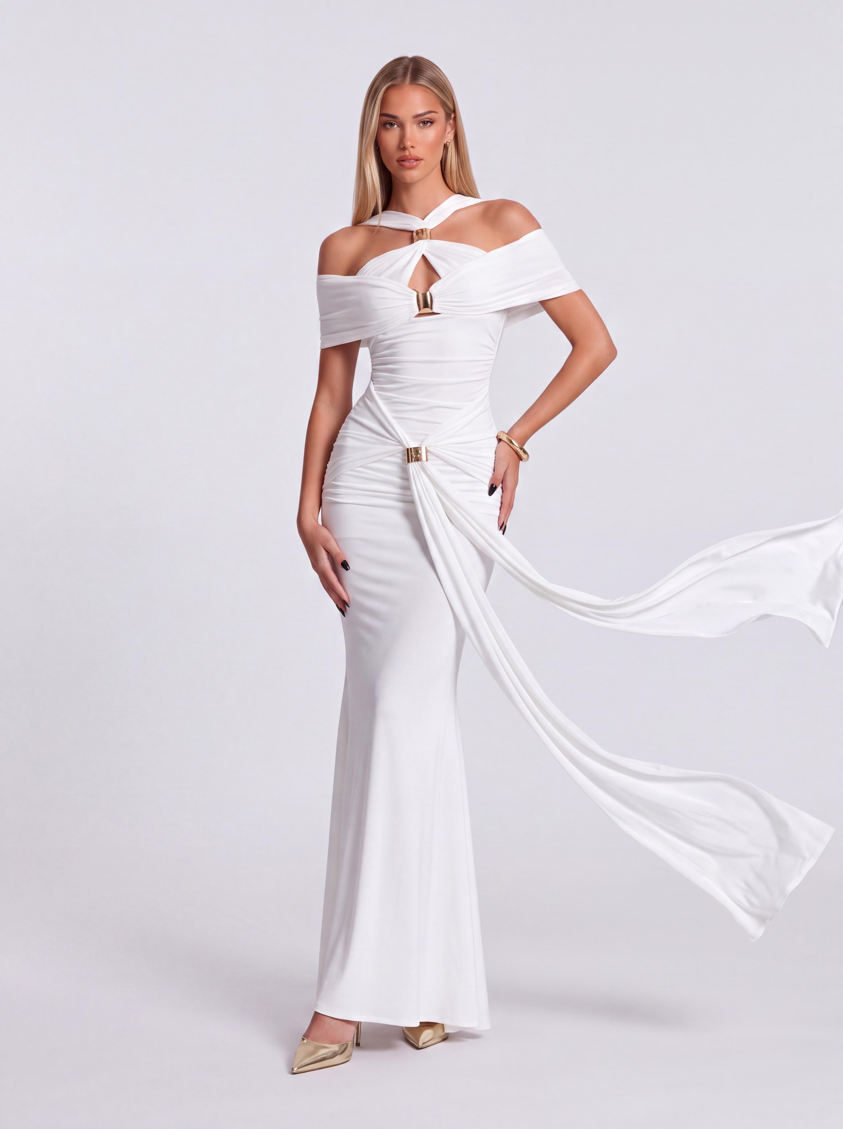Halter-Strap Open-Shoulder Pleated Fishtail Dress
