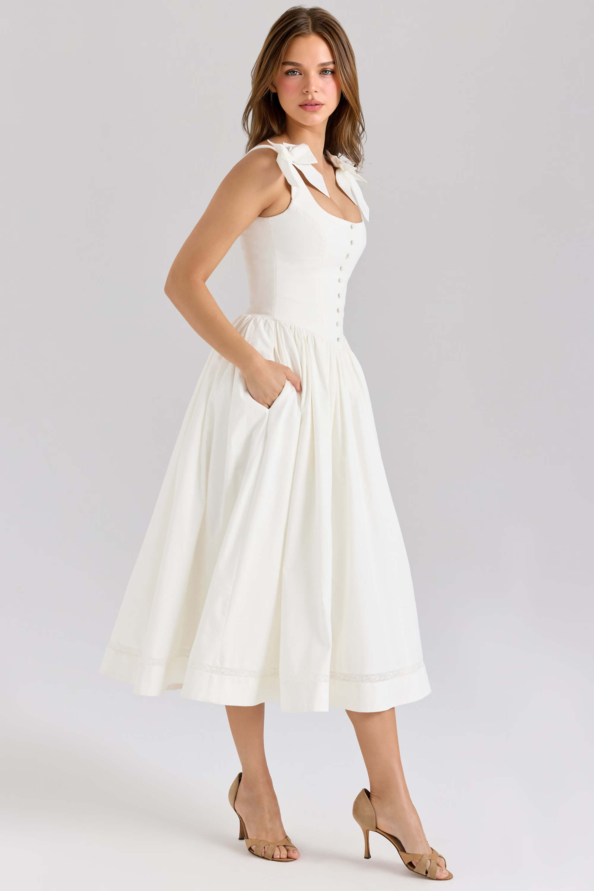 Retro Drape Bow Pleated Midi Dress