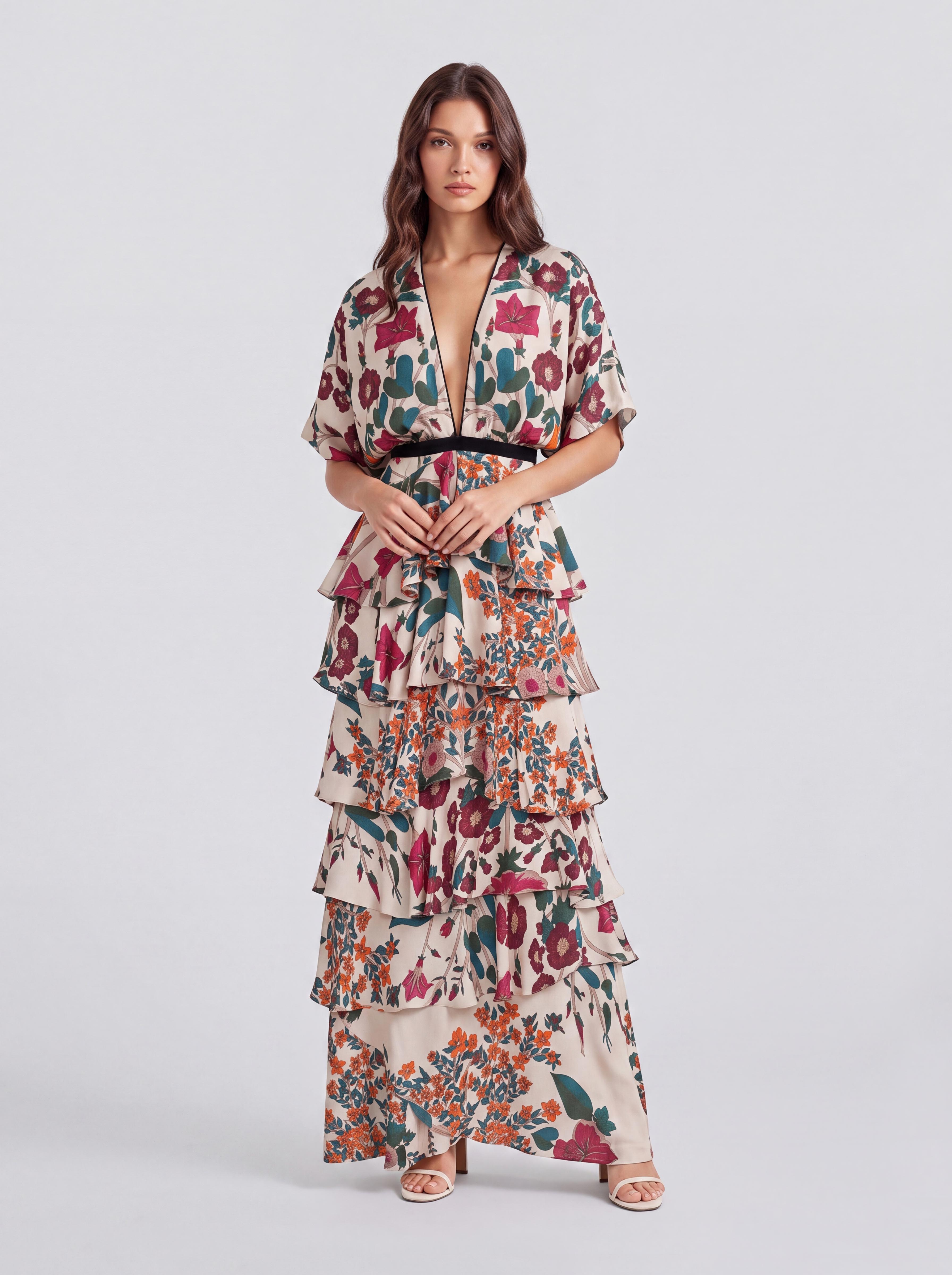 Vintage Floral Deep V-Bat Sleeve Tight Waist Multi-Layer Ruffled Holiday Dress