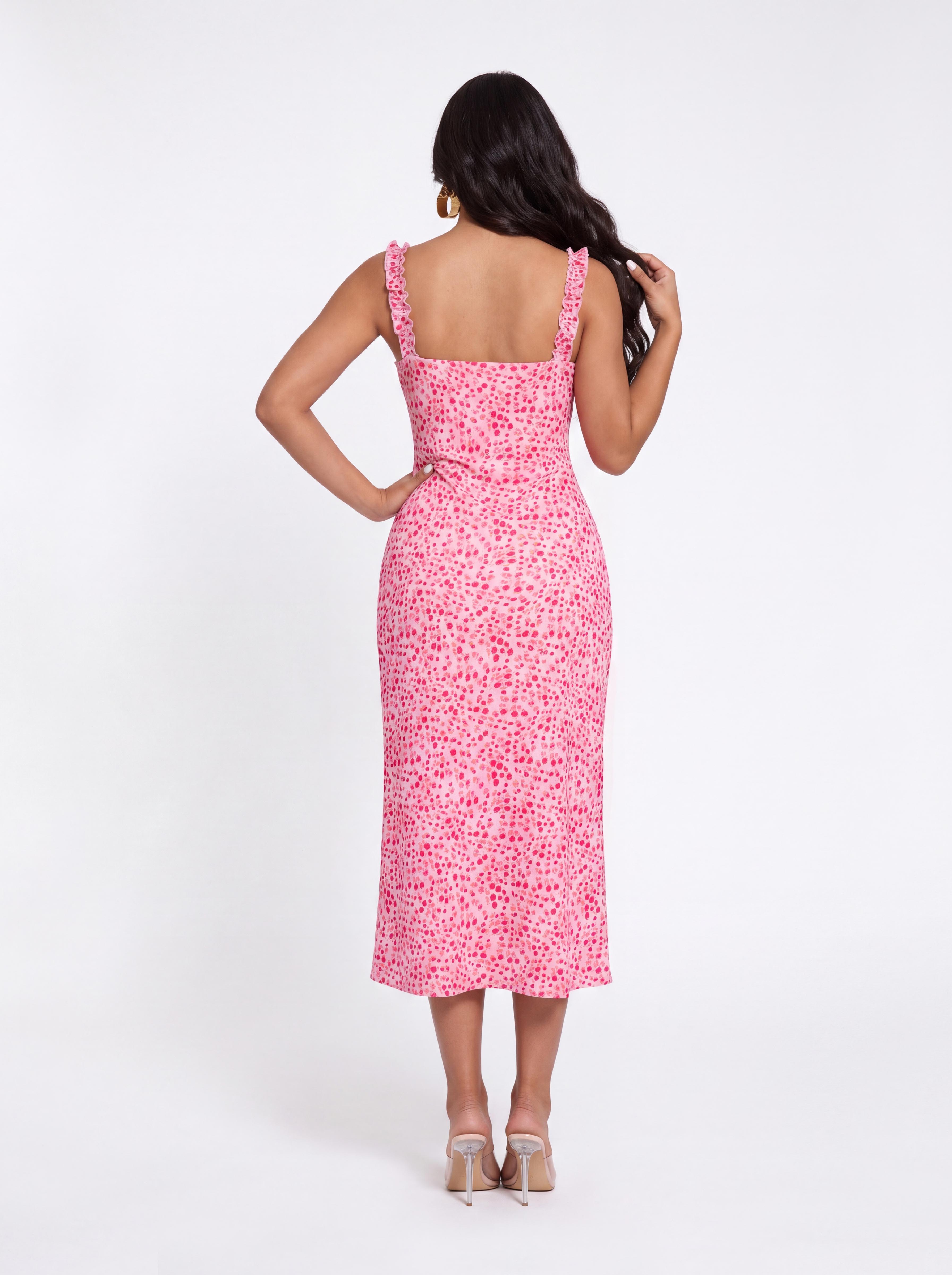 Pink Floral Fine Strap Pleated Slim Fit Midi Dress