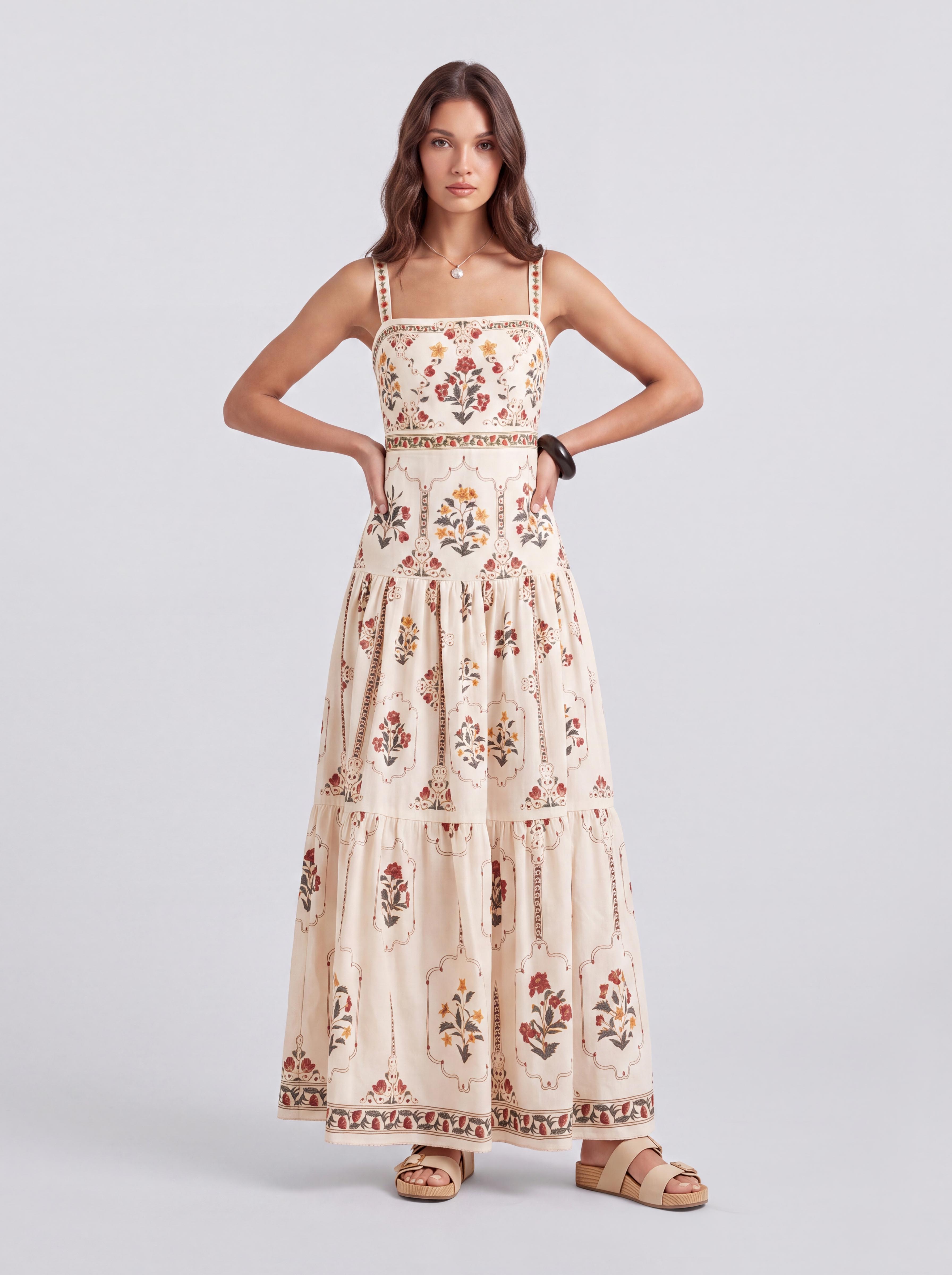 Vintage Floral Square Collar Thin Sling Layered Bohemian Dress