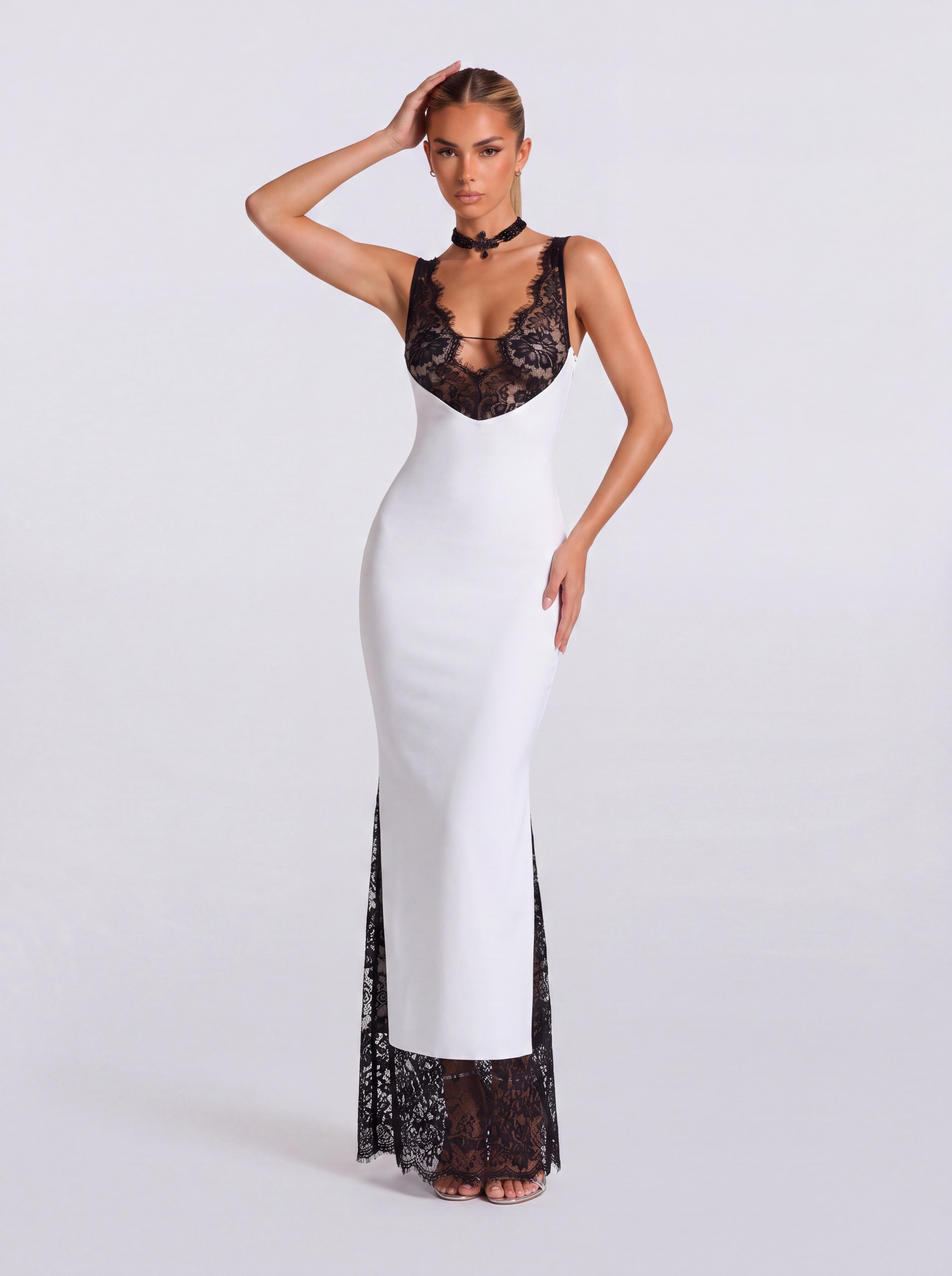Lace V-Neck Split Fishtail Long Dress