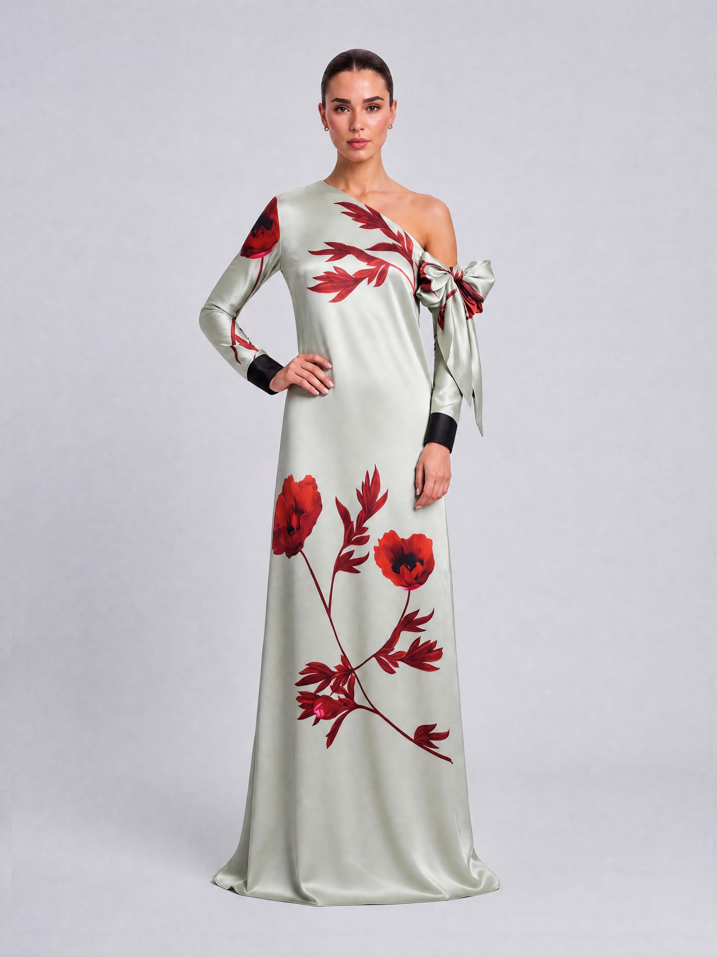 Scarlet-Shoulder Bow Satin Print Long Evening Gown