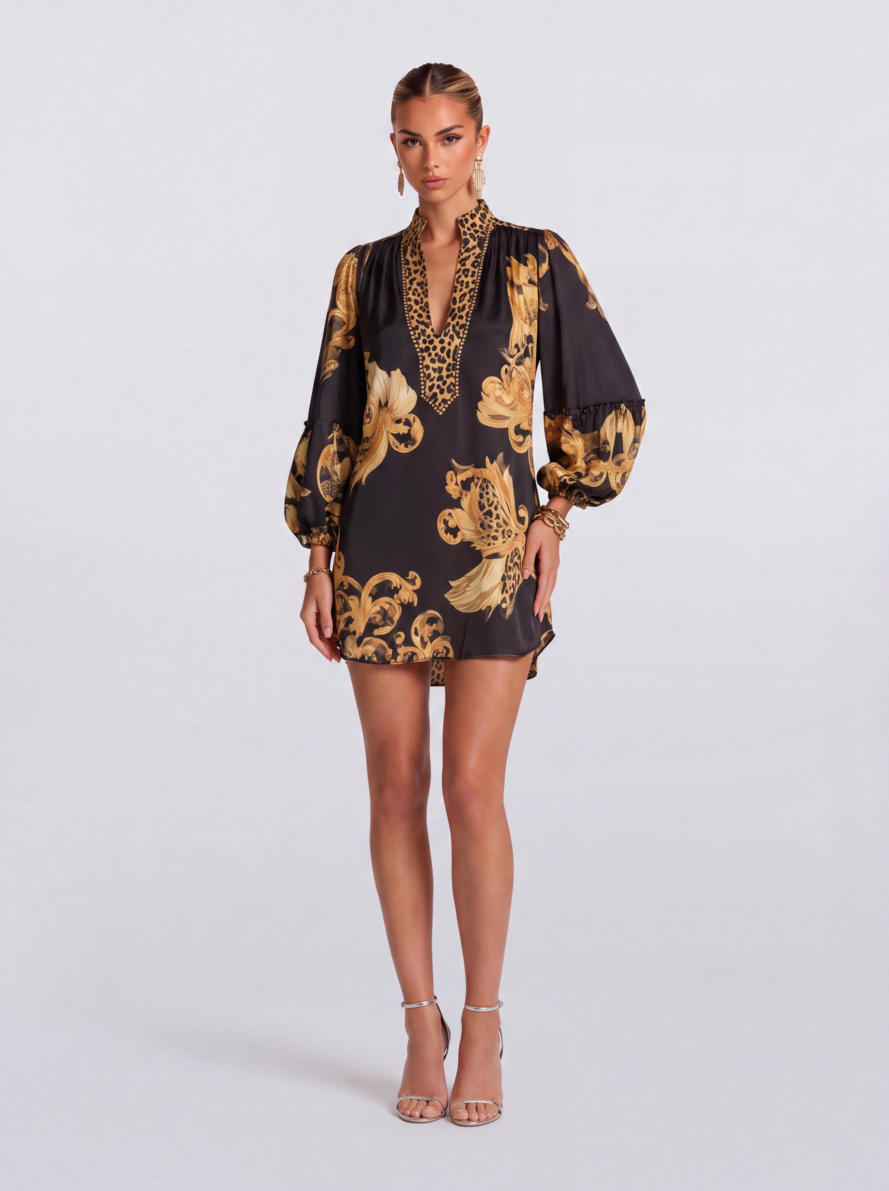 Vintage Black Gold Leopard Print Stand Collar Puff Sleeve Satin Short Dress