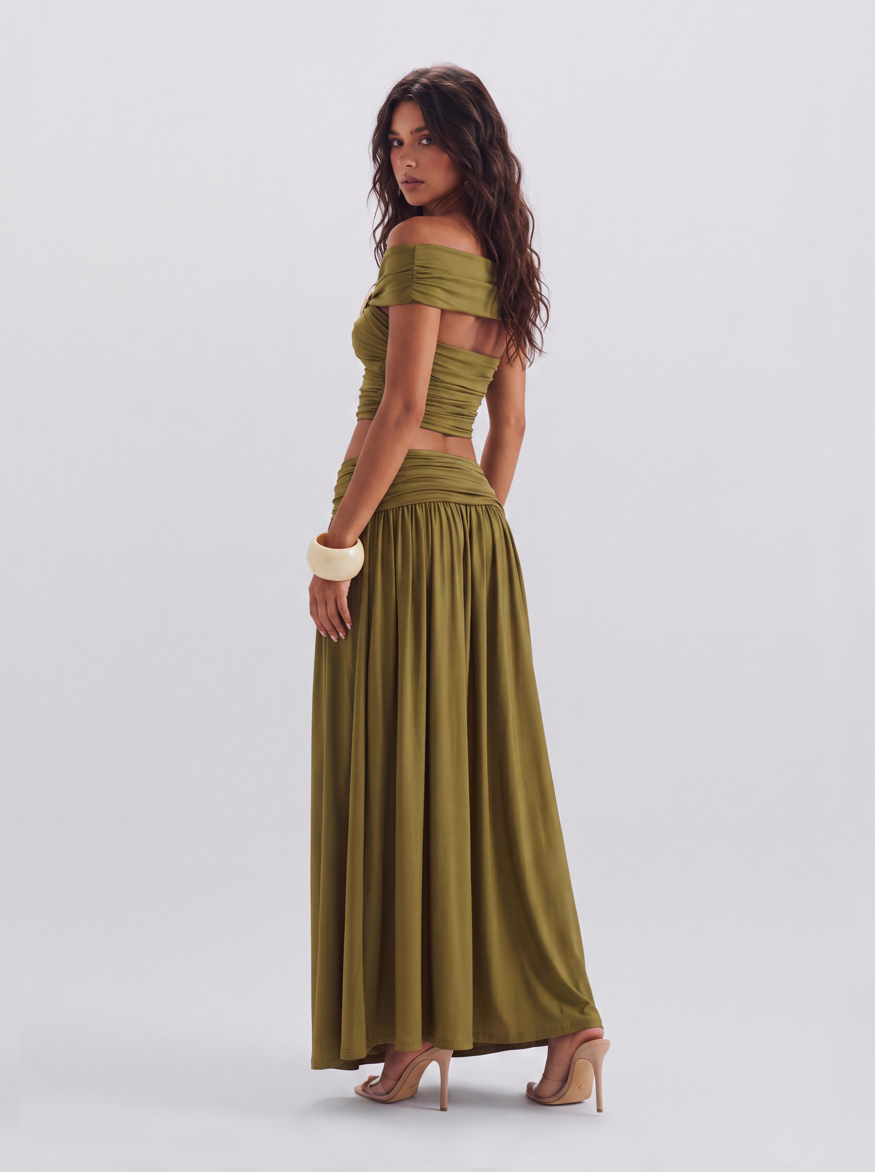 Olive Green Two-Piece Open-Shoulder Top With Metal Buckle