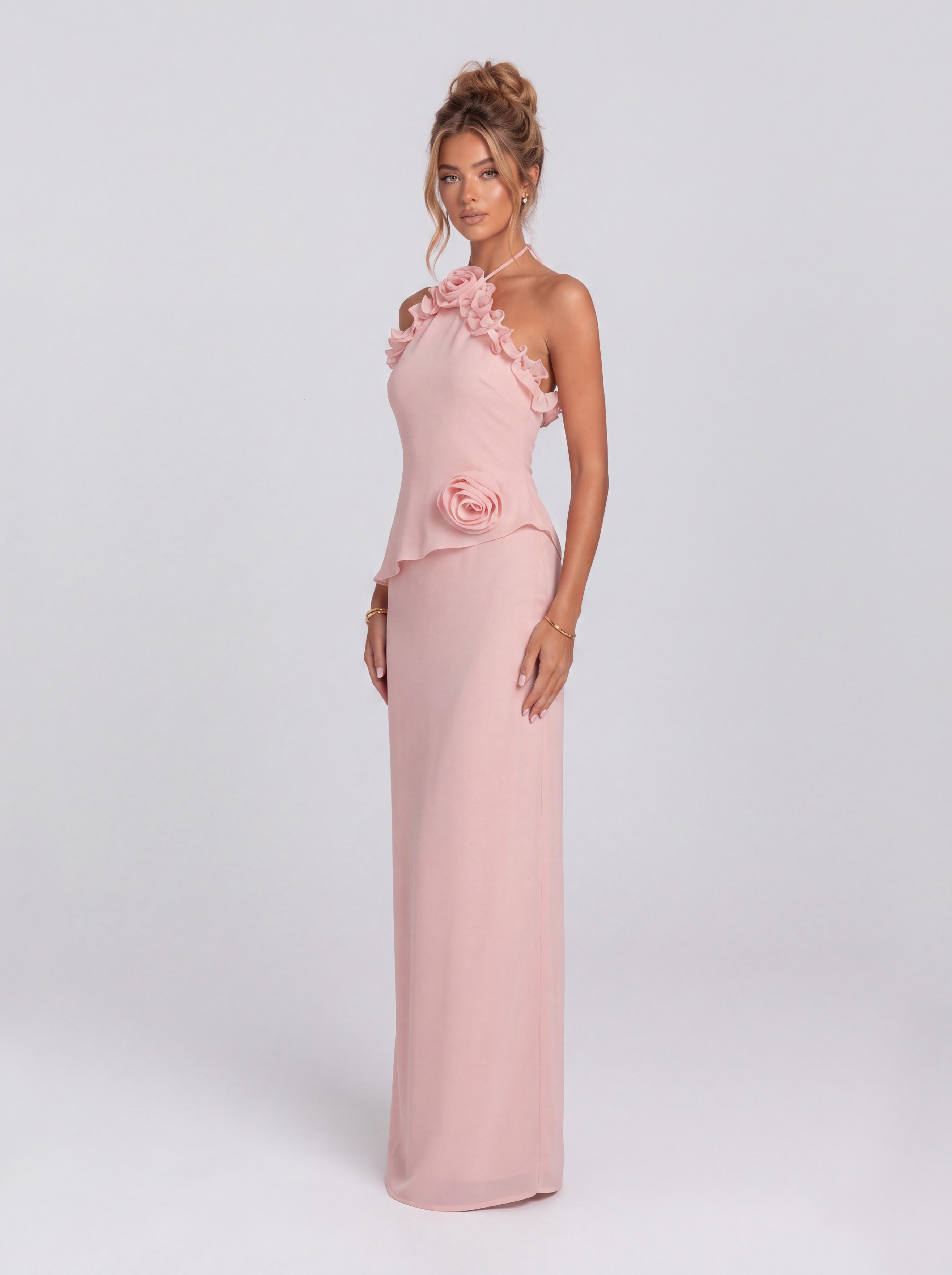 Pink Three-Dimensional Rose Neck Slim-Fit Long Banquet Dress