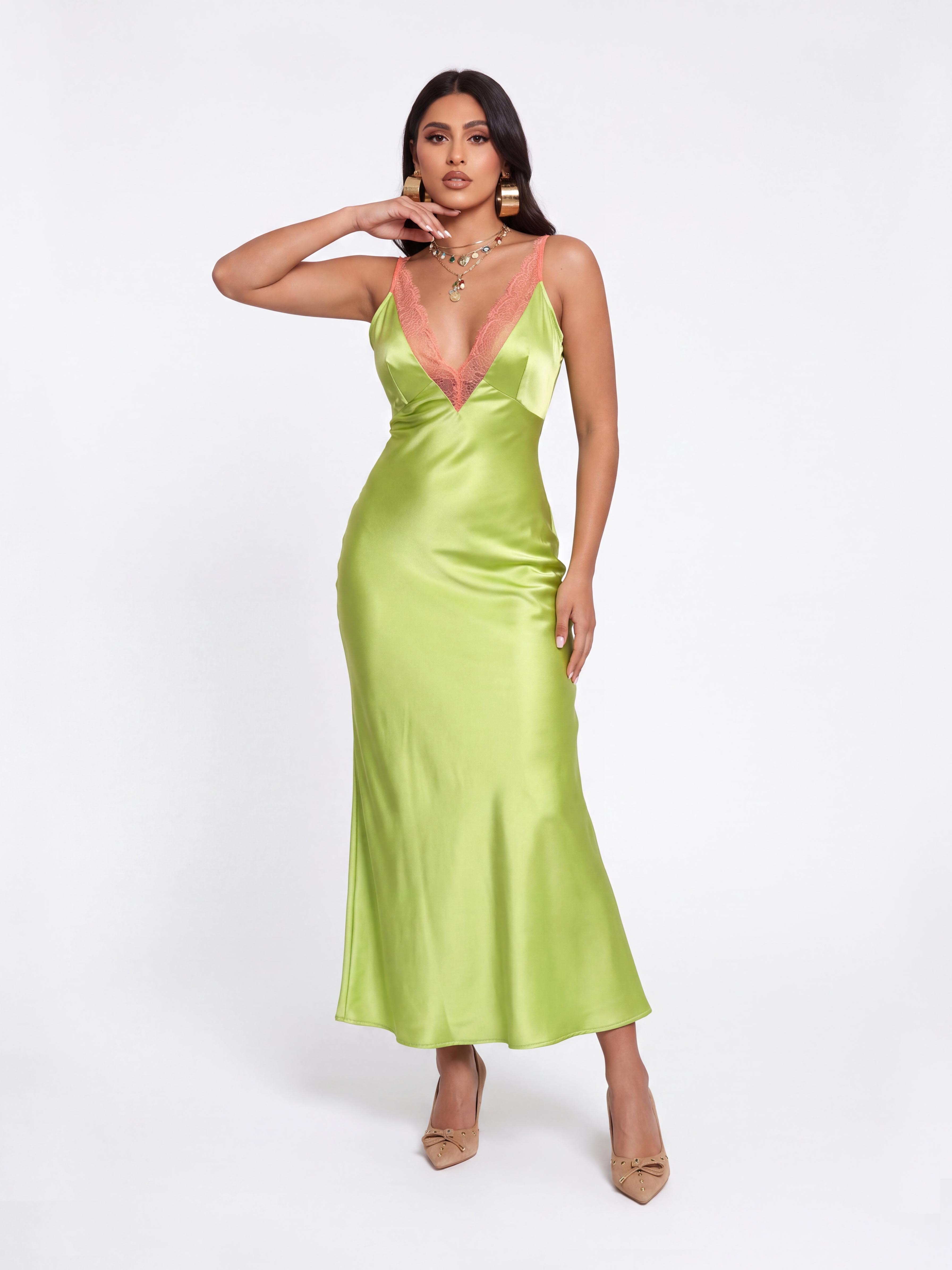 Bright Green Lace V-Neck Satin Sling Fishtail Midi Dress