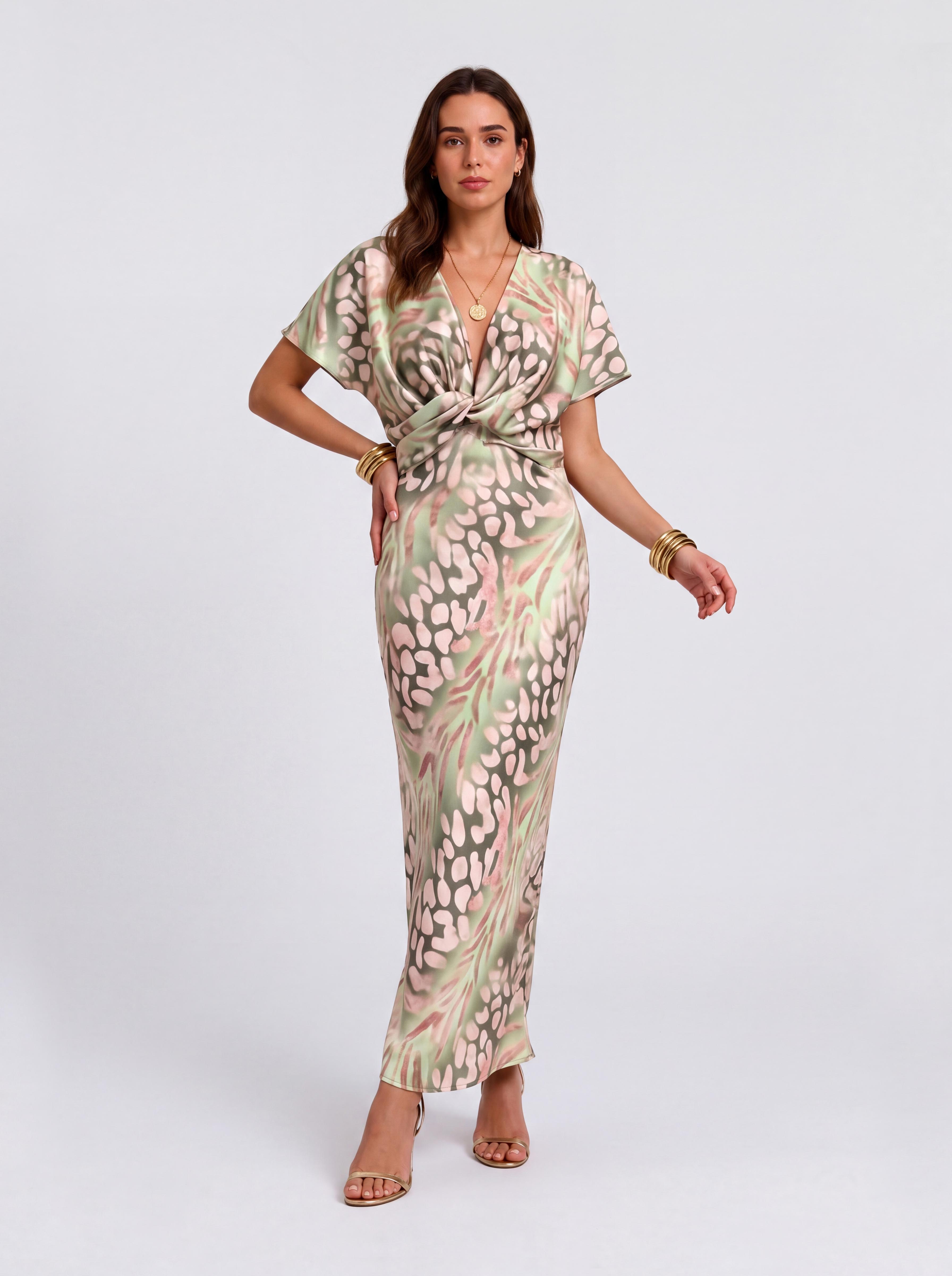 Vintage Simi-Dye Printed Satin Kink Deep V Short-Sleeved Hip Midi Dress