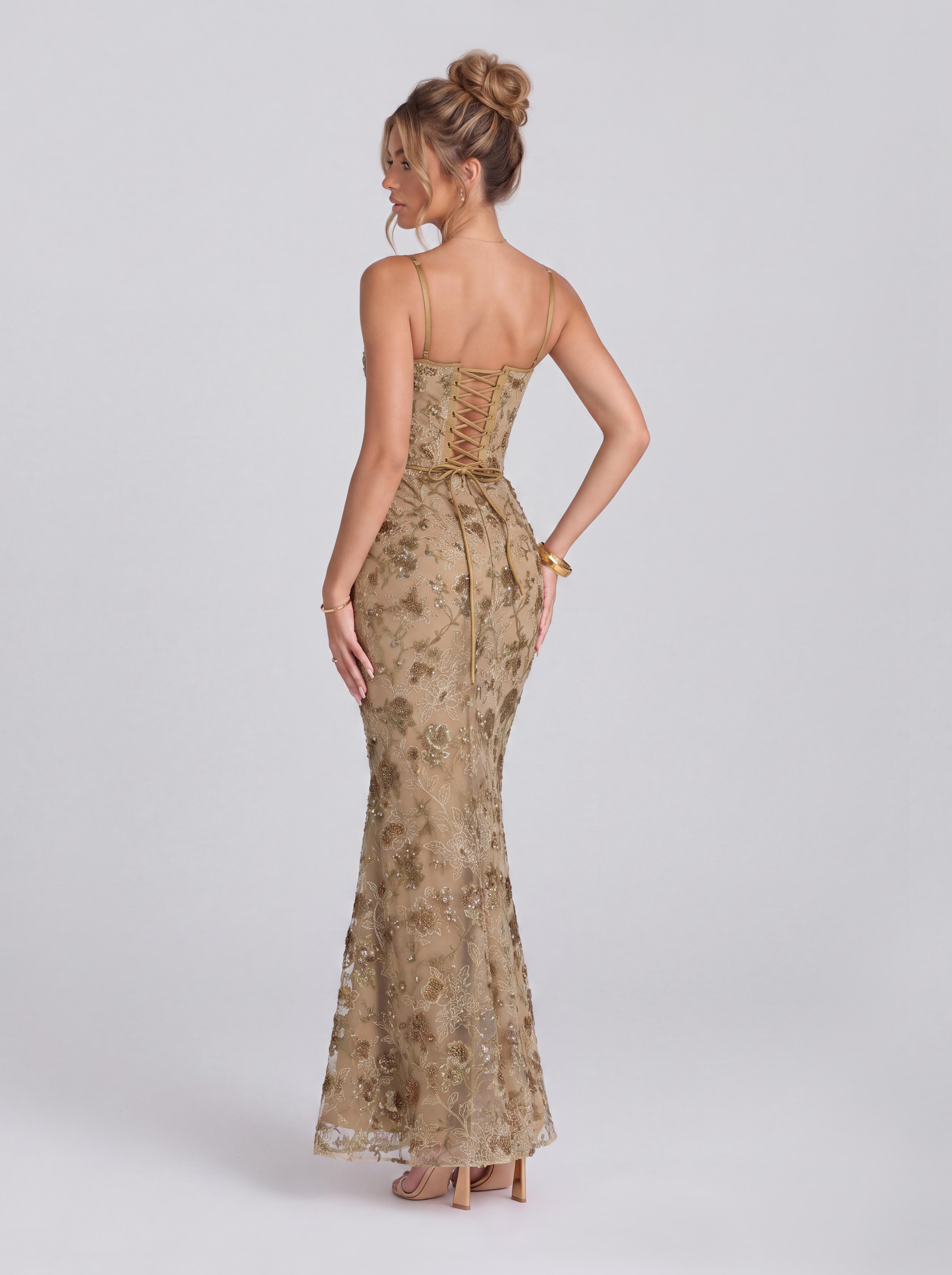 Vintage Floral Beaded Lace Belted Mermaid Dress