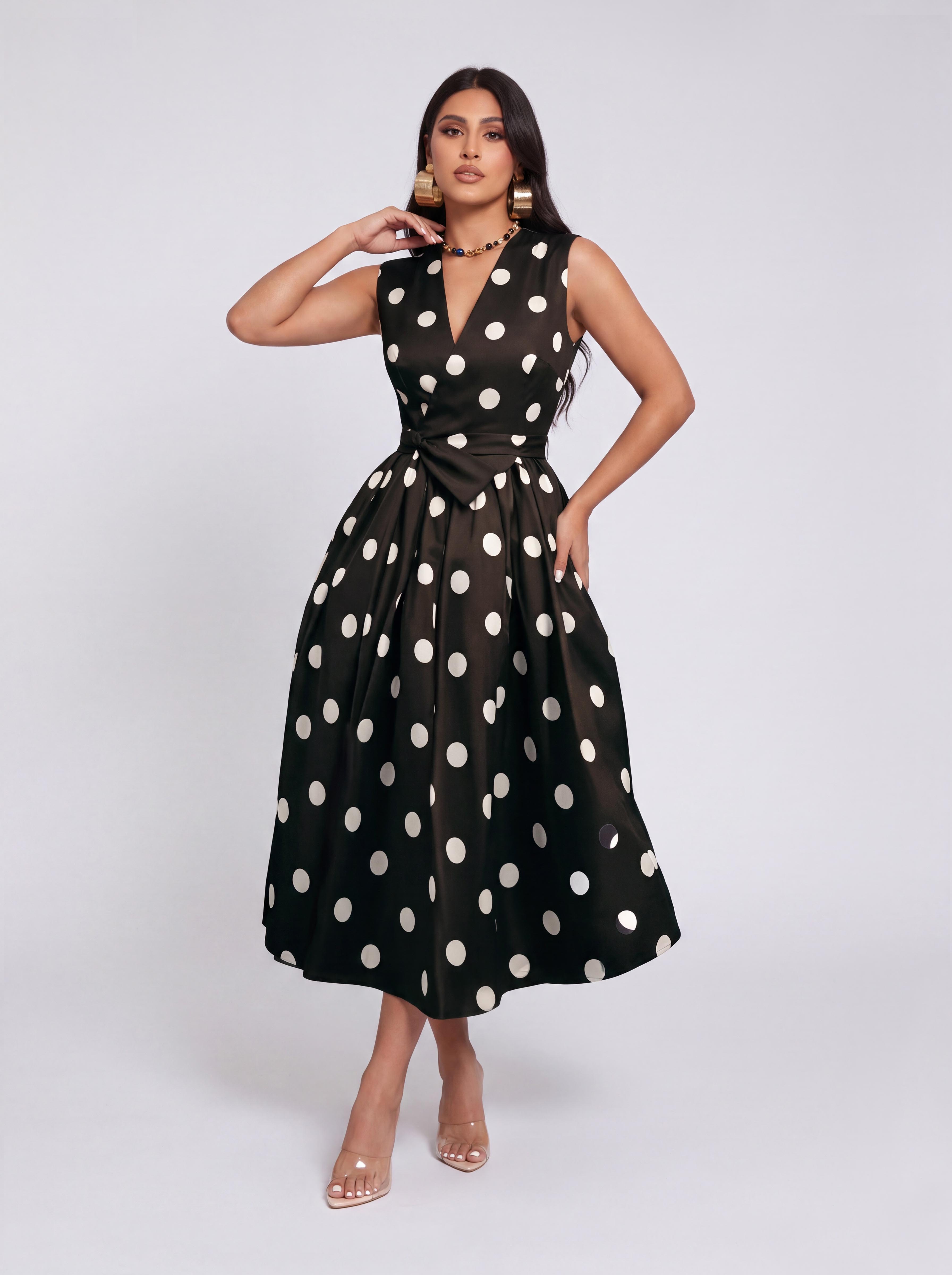 Vintage Polkdot Sleeveless V-neck Tight Waist Mid-length Umbrella Dress