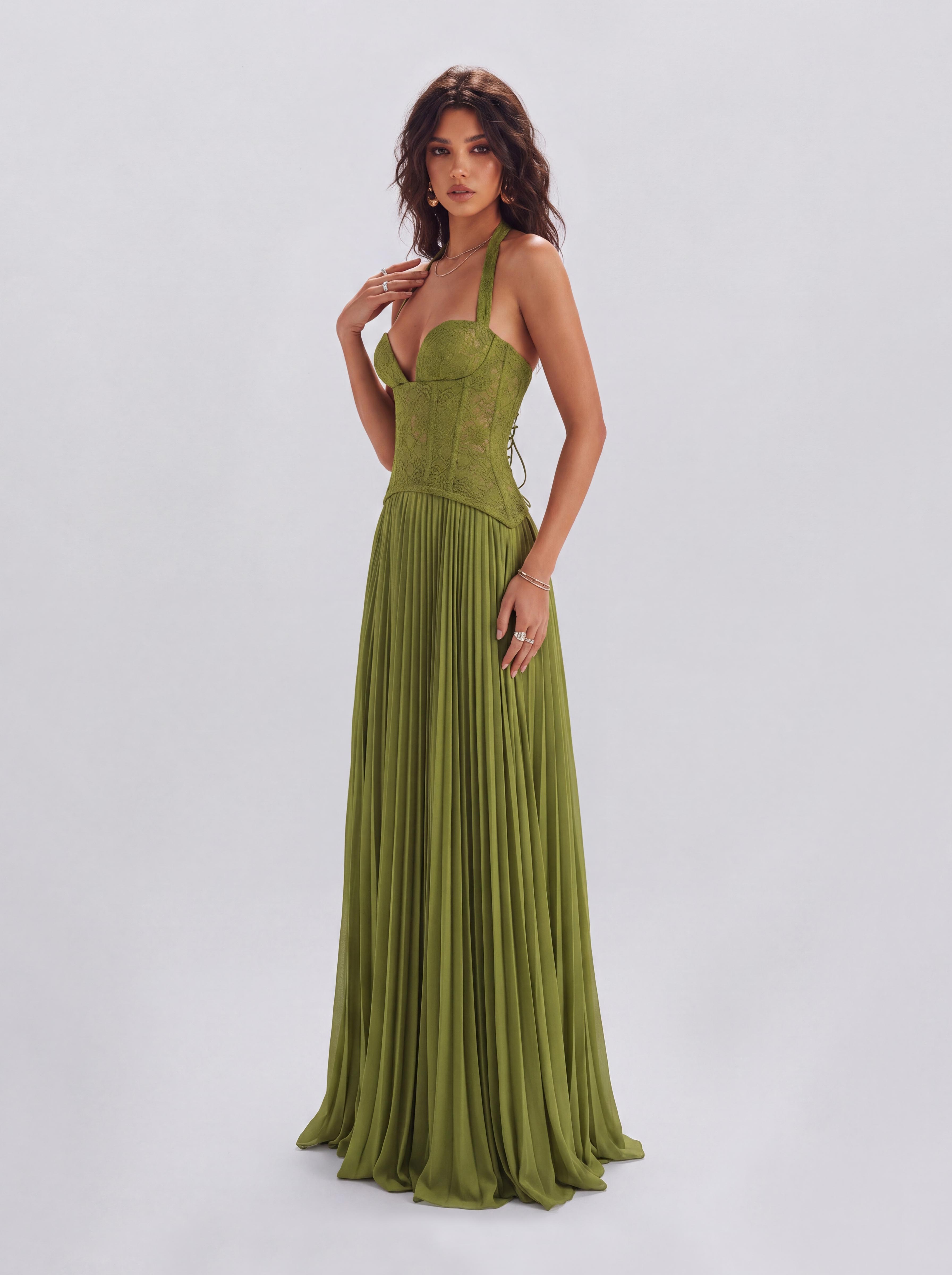 Lace Boom Neck Pleated Long Banquet Dress