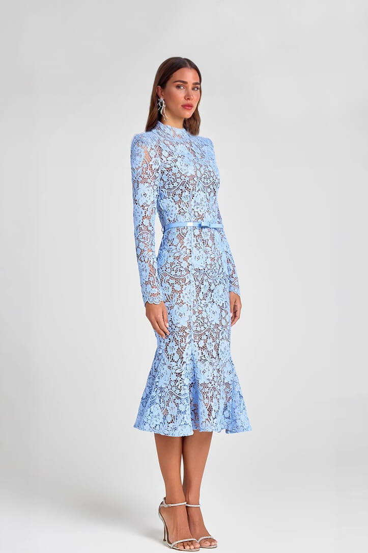 Elegant Lace Belted Long Sleeve Mermaid Midi Dress