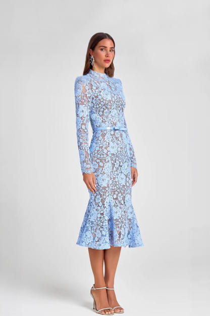 Elegant Lace Belted Long Sleeve Mermaid Midi Dress