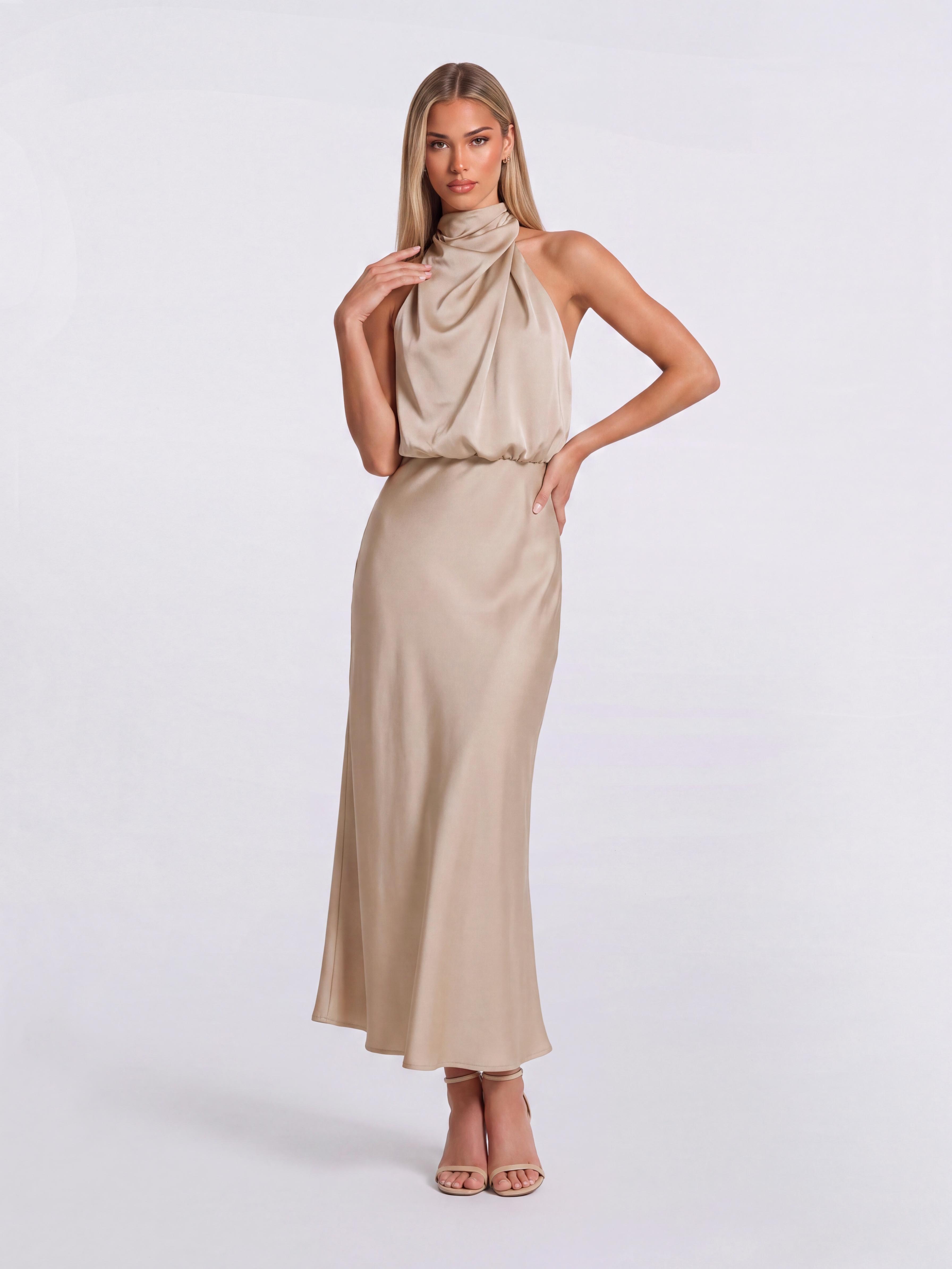 Slim-Fit Fishtail Mid-Length Neck Satin Dress