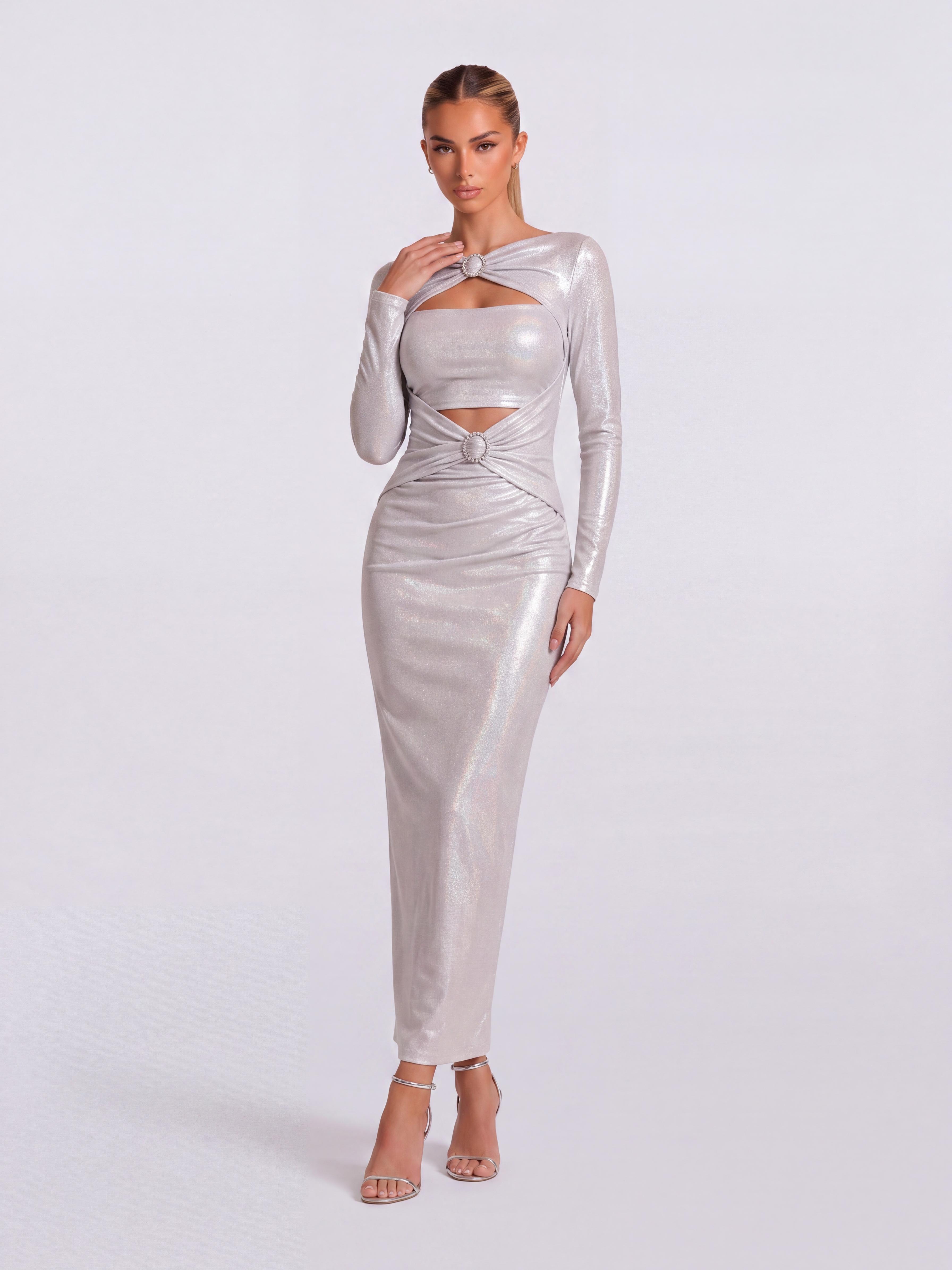 Bright-Face Ring Hollow-Out Long-Sleeved Slim-Fit Hip Mid-Length Dress