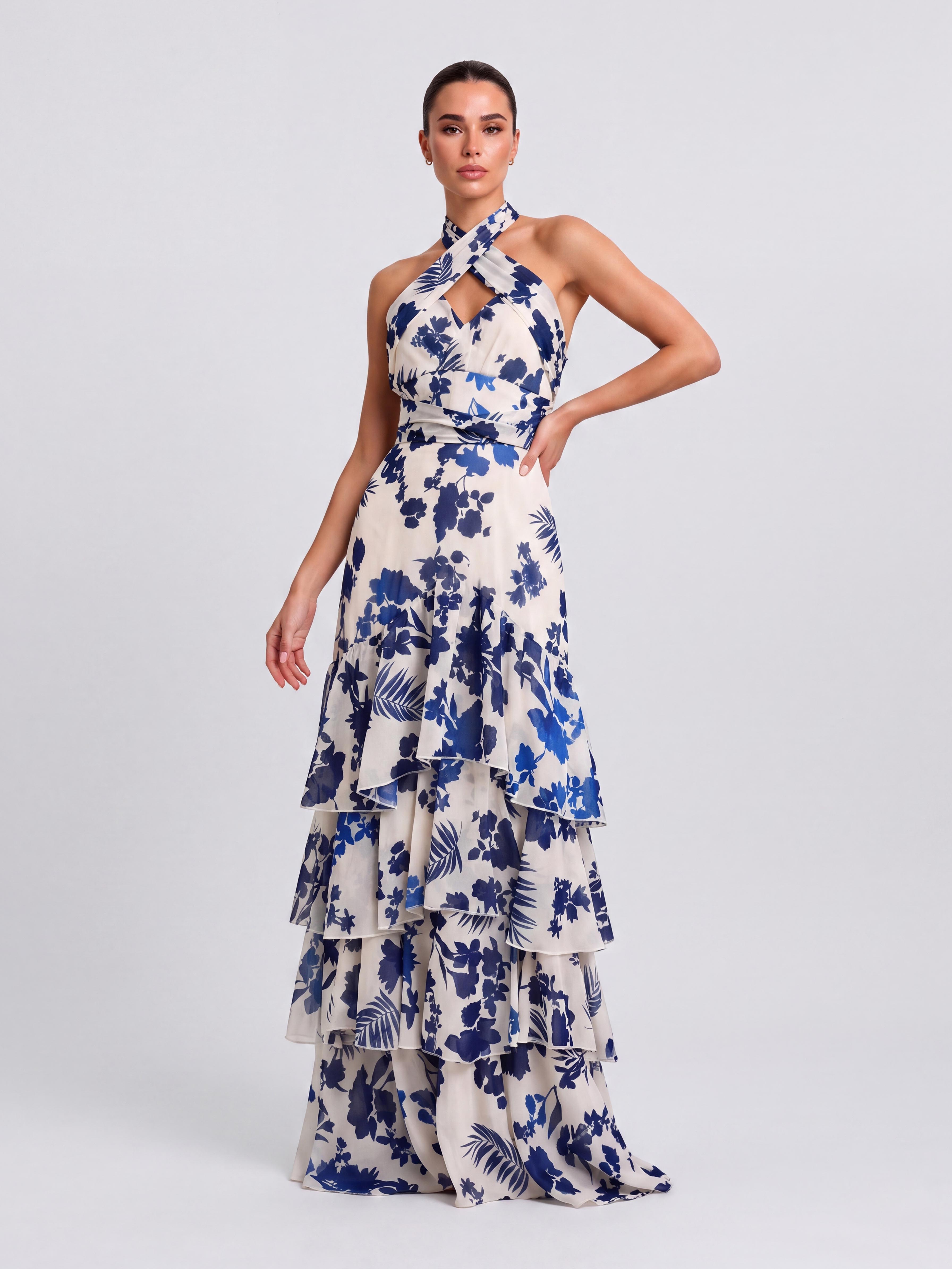 Cross-neck Blue And White Porcelain Printed Tie-waist Multi-layer Ruffled Split Long Dress