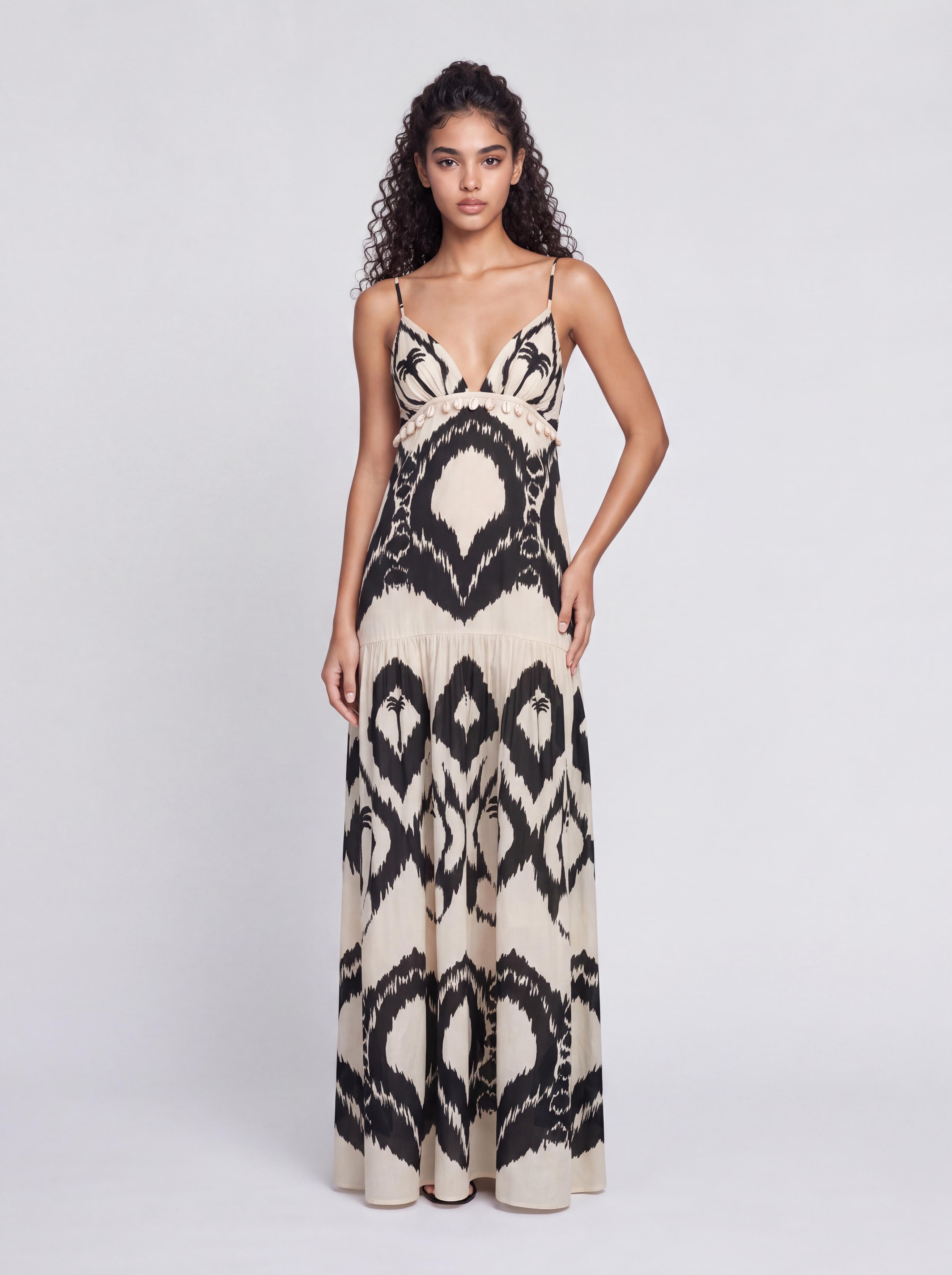 Vintage Black And White Coconut Tree Tie-Dye V-Neck Thin Shoulder Strap Shell Decoration Holiday Strap Long Dress