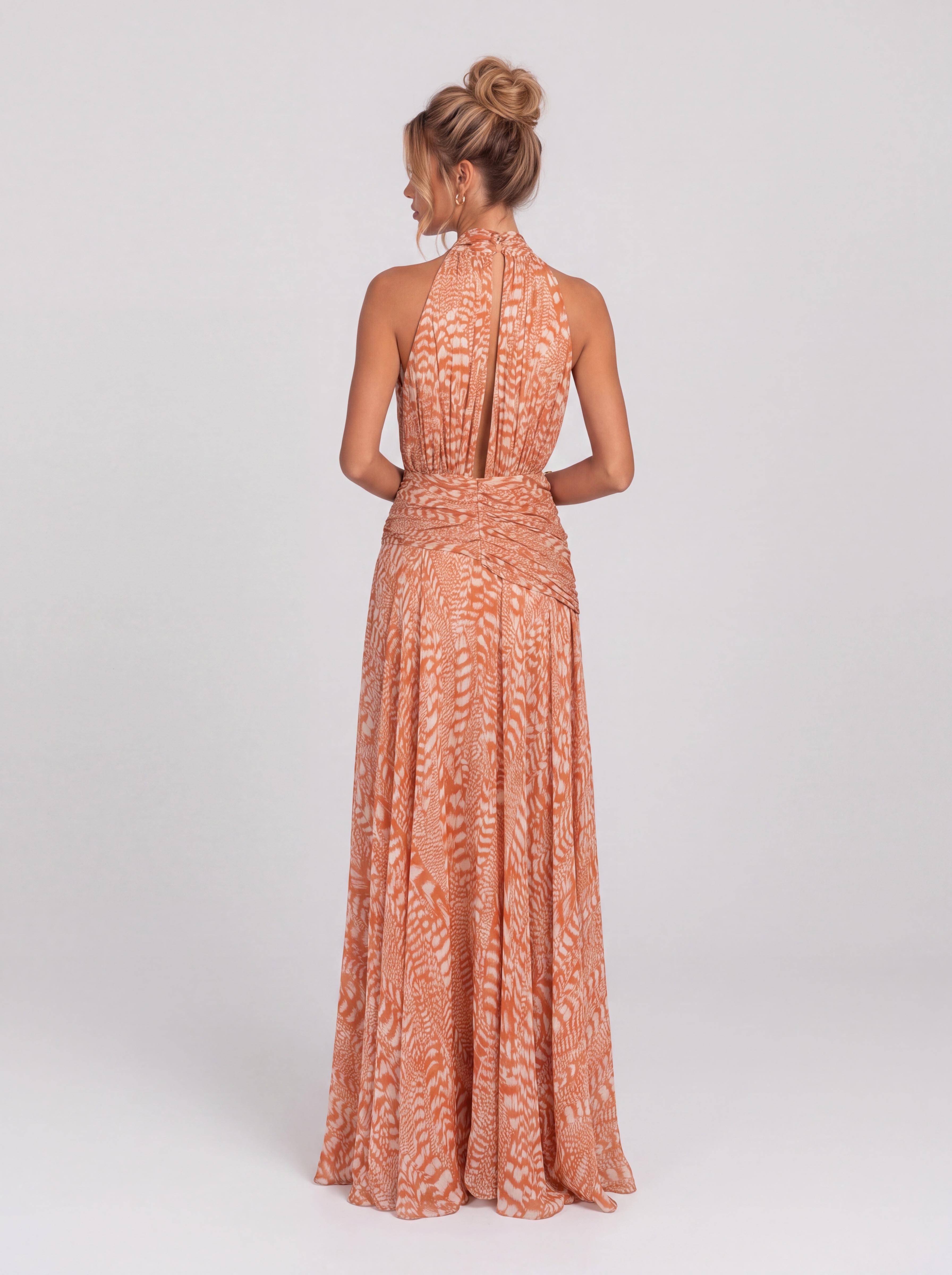 Caramel Textured Strap Lap Collar Sleeveless Tight Waist Pleated Vacation Long Dress