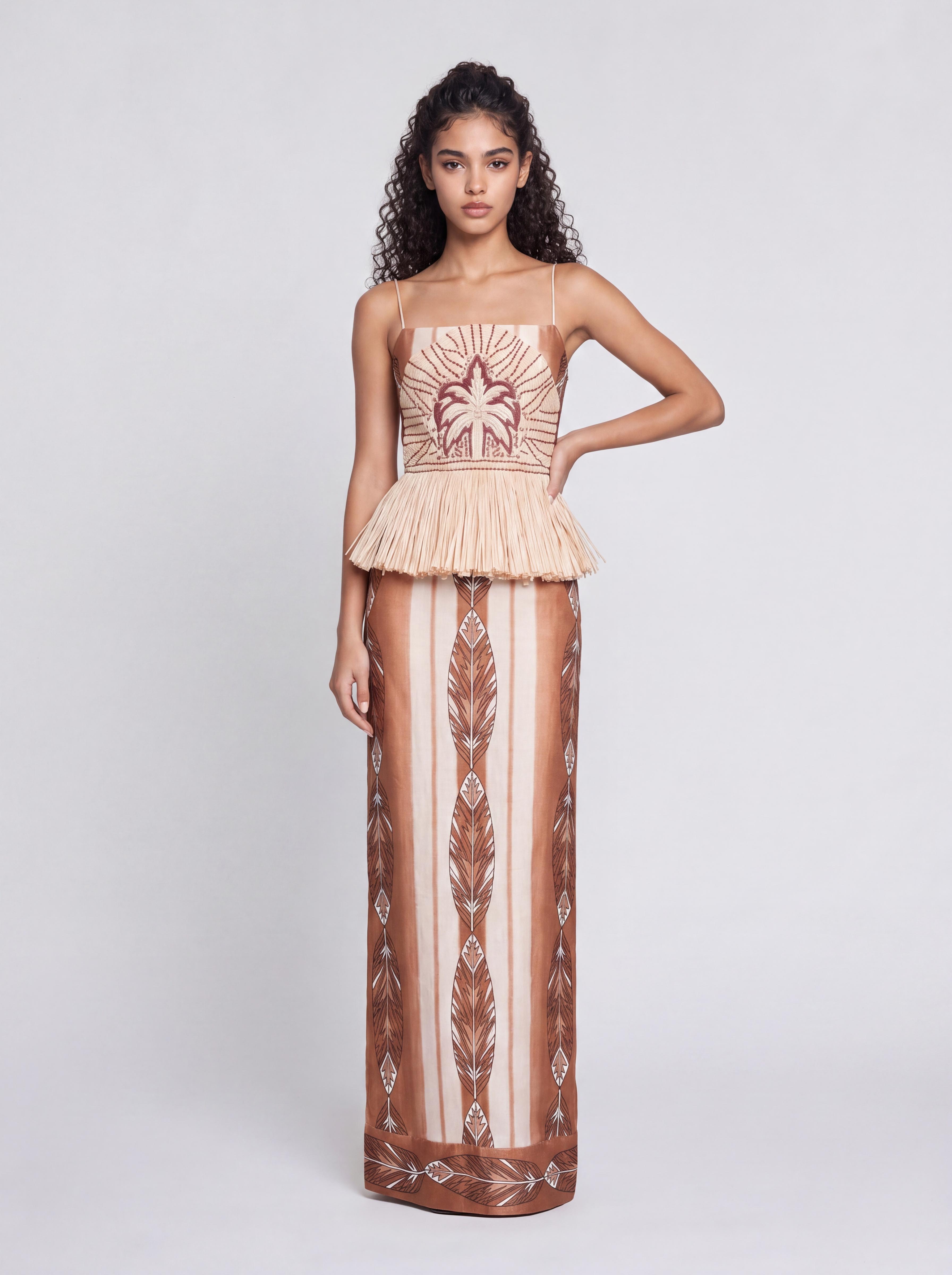 Bohemian Fine Strap Tassel-Patched Palm Feather Print Long Dress