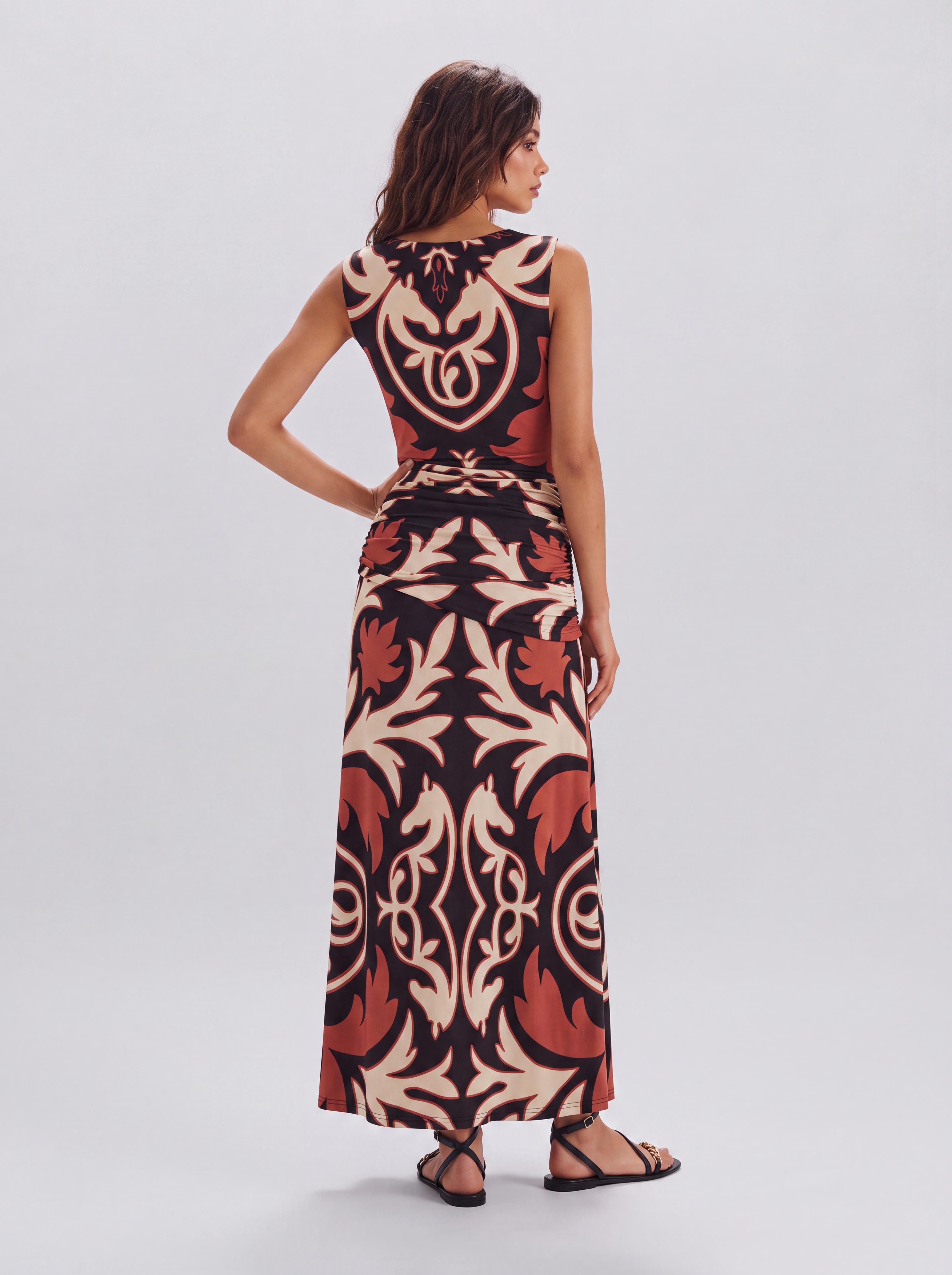 Vintage Horse Pattern Kink Deep V Sleeveless Cut-Waist Drape Slim-Fit Long Dress